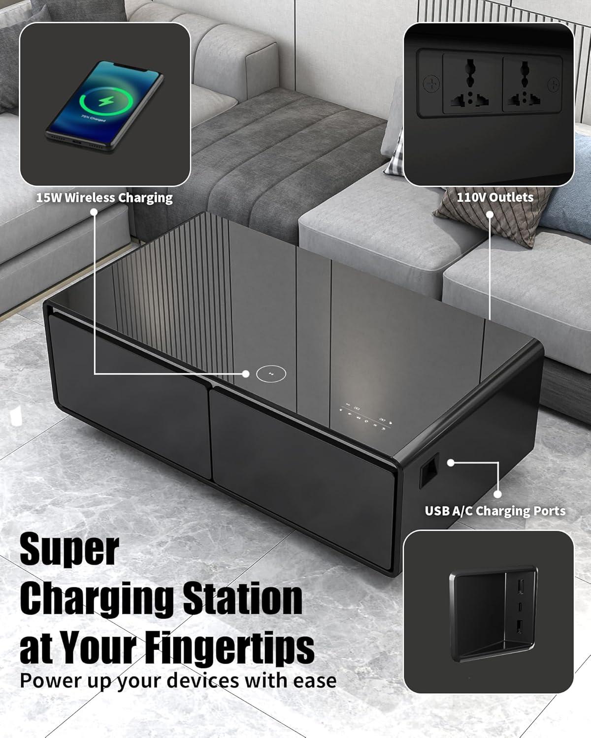 Livtab Smart Coffee Table with Built in Fridge, Bluetooth Speakers, Wireless Charging, Outlets, RGB Light, Black