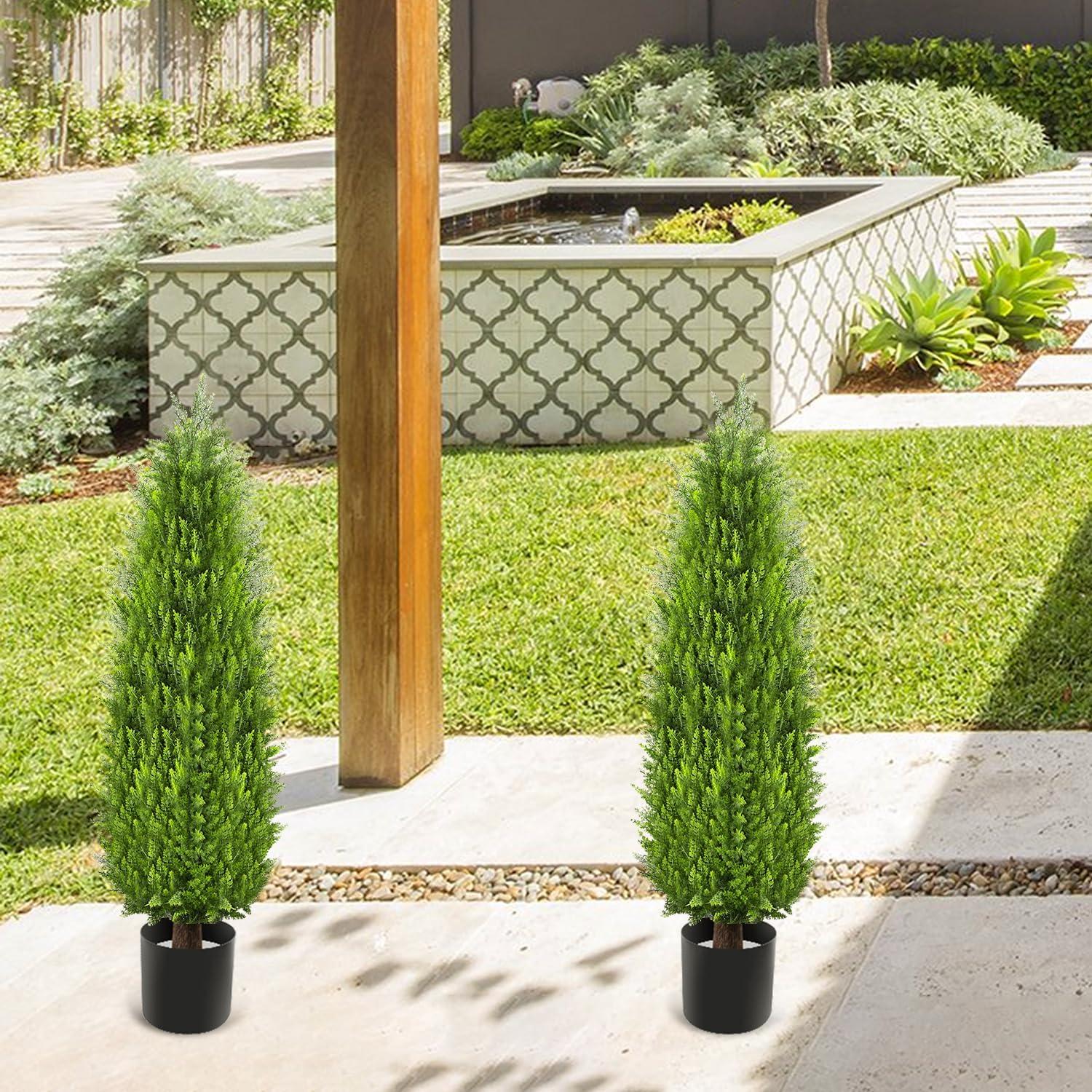 4ft Artificial Cedar Topiary Trees 2 Pack, Beautiful Realistic Artificial Plants for Outdoor, UV Protection Potted Plants Artificial Shrubs for Outdoor, Indoor, Office, Front Porch Decor.