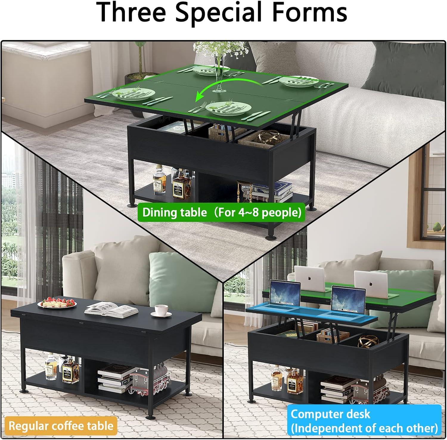 Lift Top Coffee Table ，4 in 1 Multi-Function Coffee Table with Hidden Compartment ，Modern Lift Tabletop Dining Table for Living Room Reception/Home Office, Black