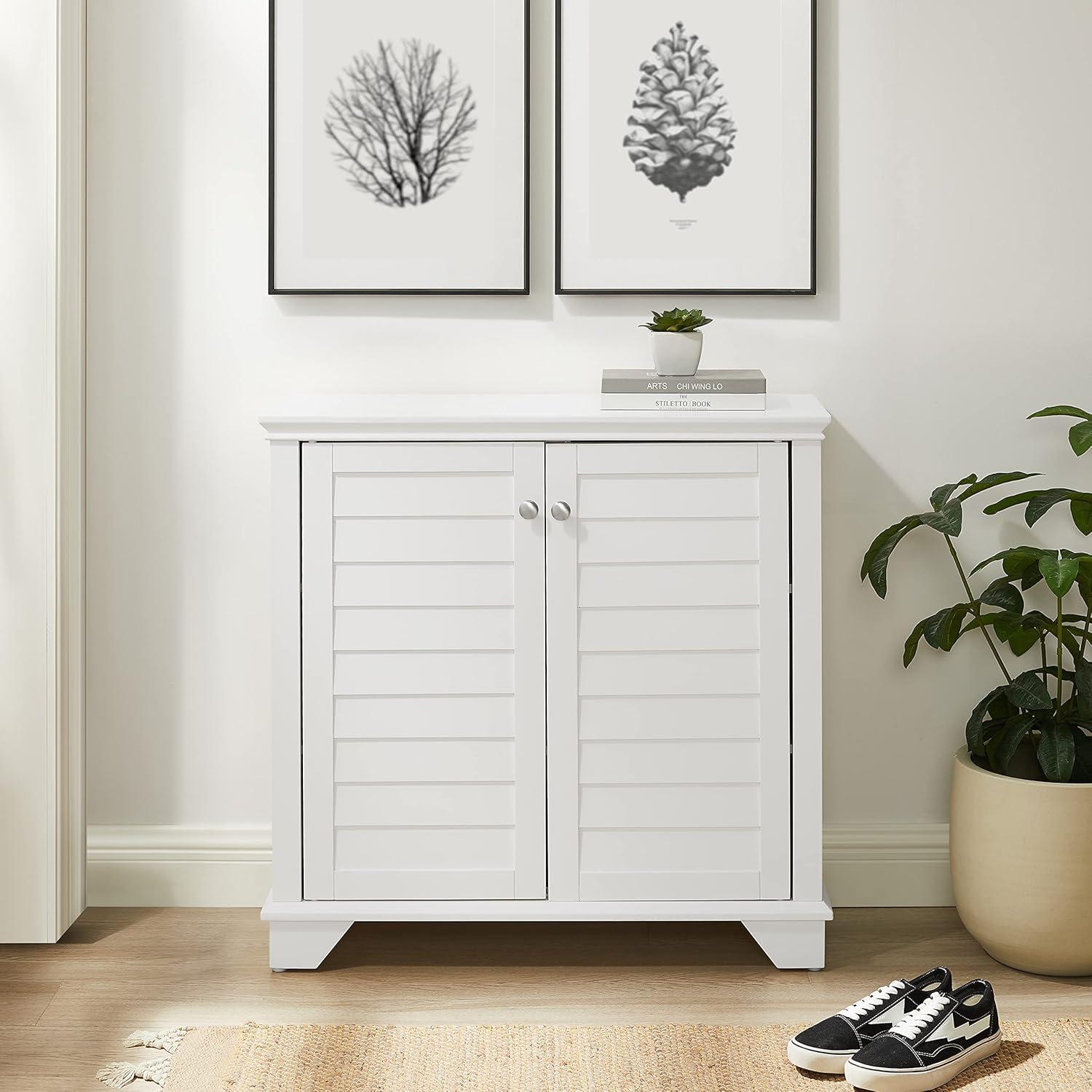 White Faux-Louvered Living Room Cabinet with Adjustable Shelving