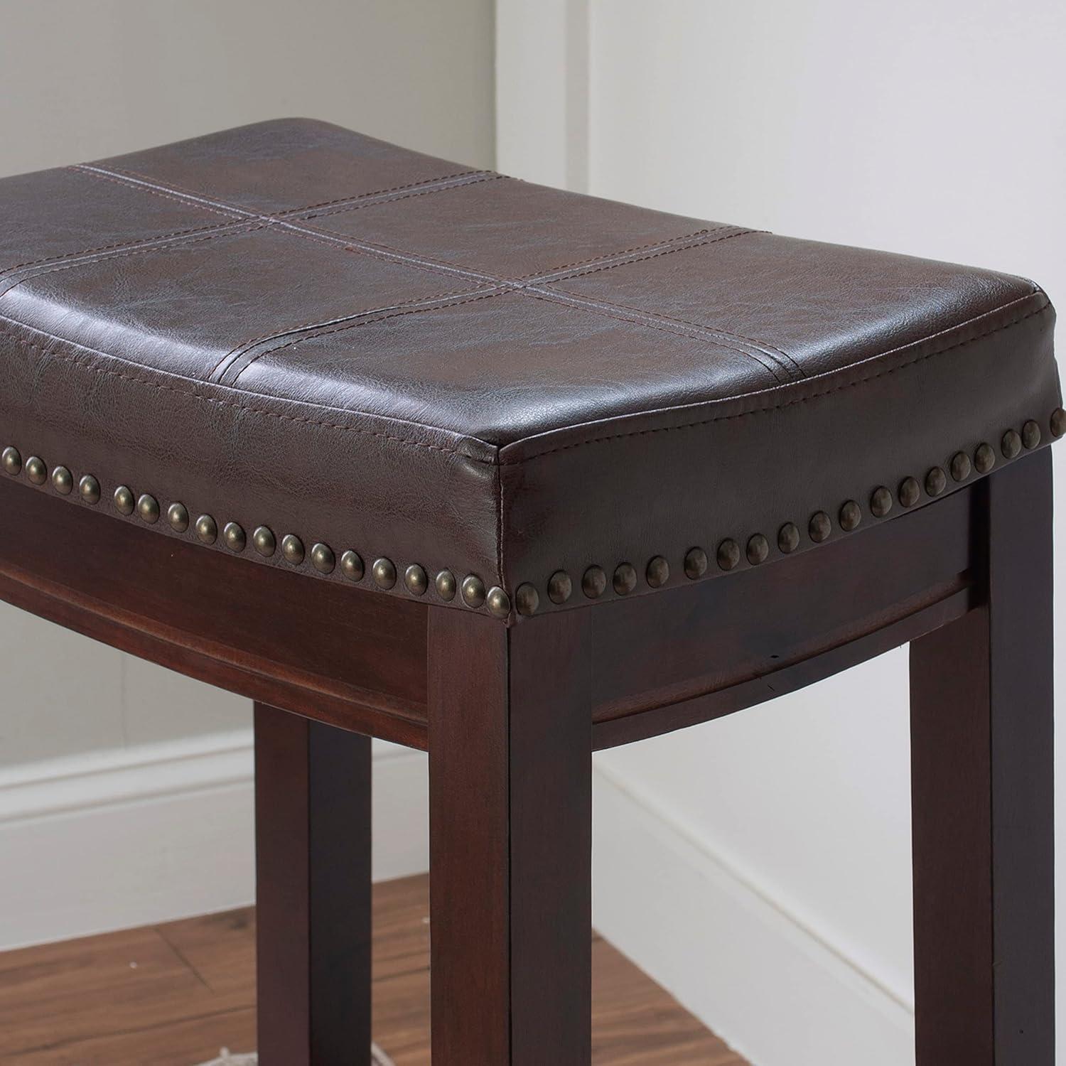 Linon Claridge Backless Wood Bar Stool, 32" Seat Height, Dark Brown Finish with Brown Faux Leather Fabric