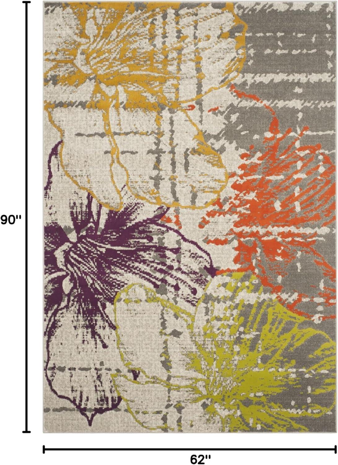 Ivory and Grey Floral Synthetic Area Rug, 5'2" x 7'6"