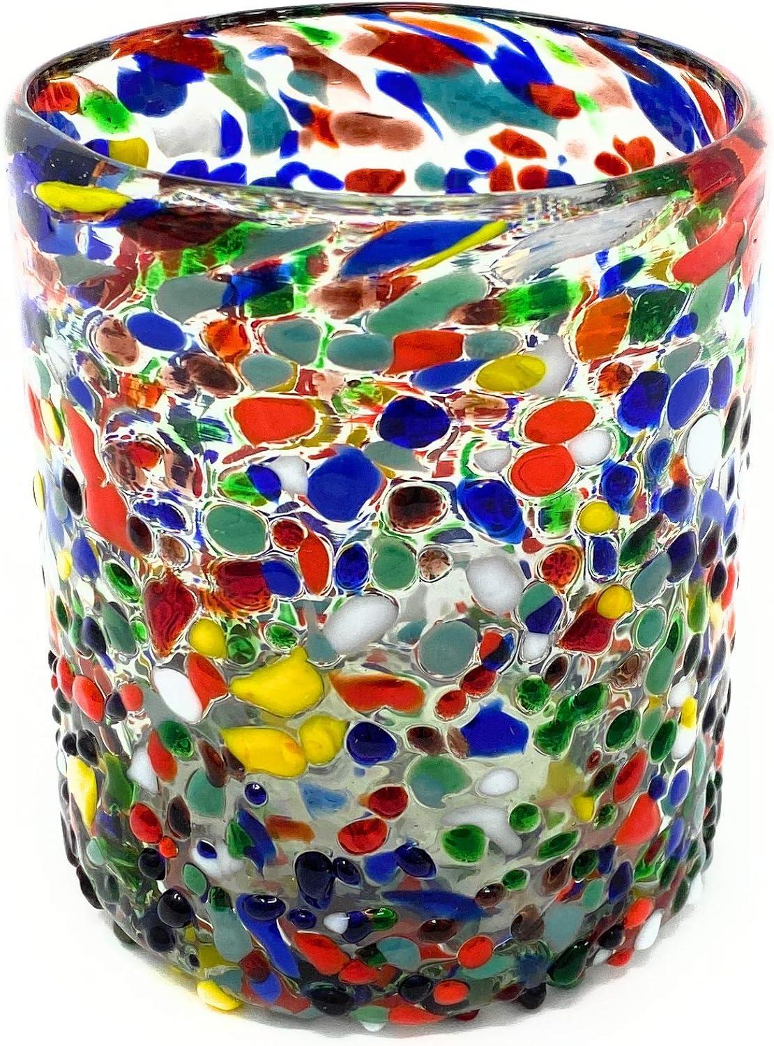 Dos Sueños Dos Suenos Hand Blown Mexican Drinking Glasses - Set of 6 Confetti Rock Tumbler Glasses (10 oz each)
