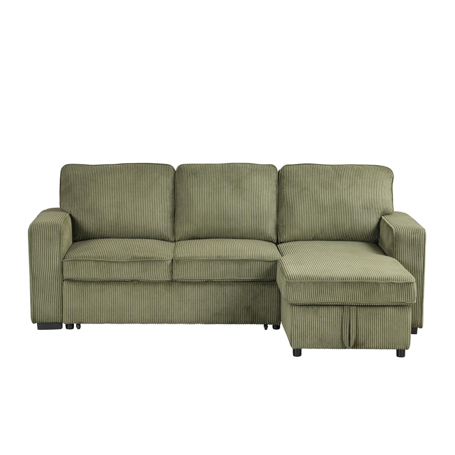 HOMES: Inside + Out Paeke Sleeper Sectional Sofa Corduroy with Storage Chaise and Reversible Green