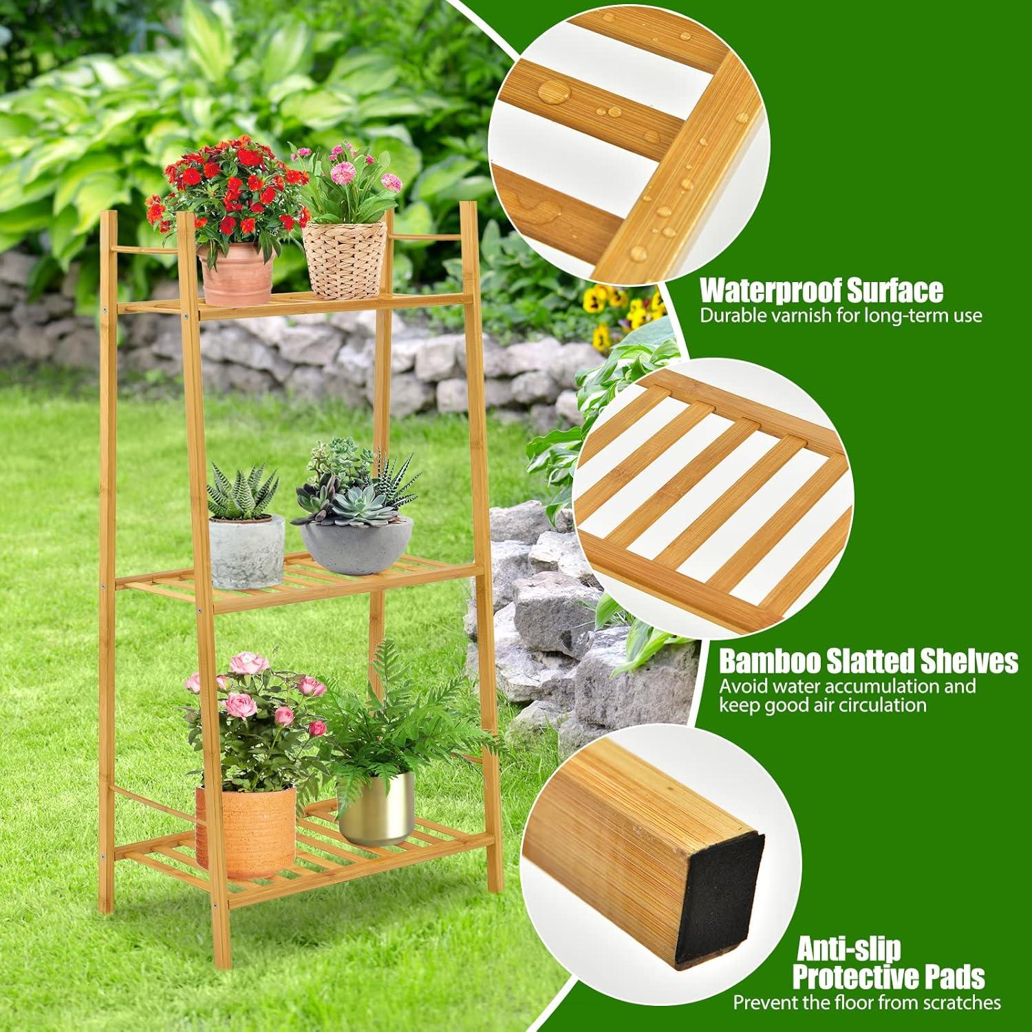 Costway Bamboo Plant Stand 3 Tiers Plant Rack Vertical Tiered Plant Ladder Shelf