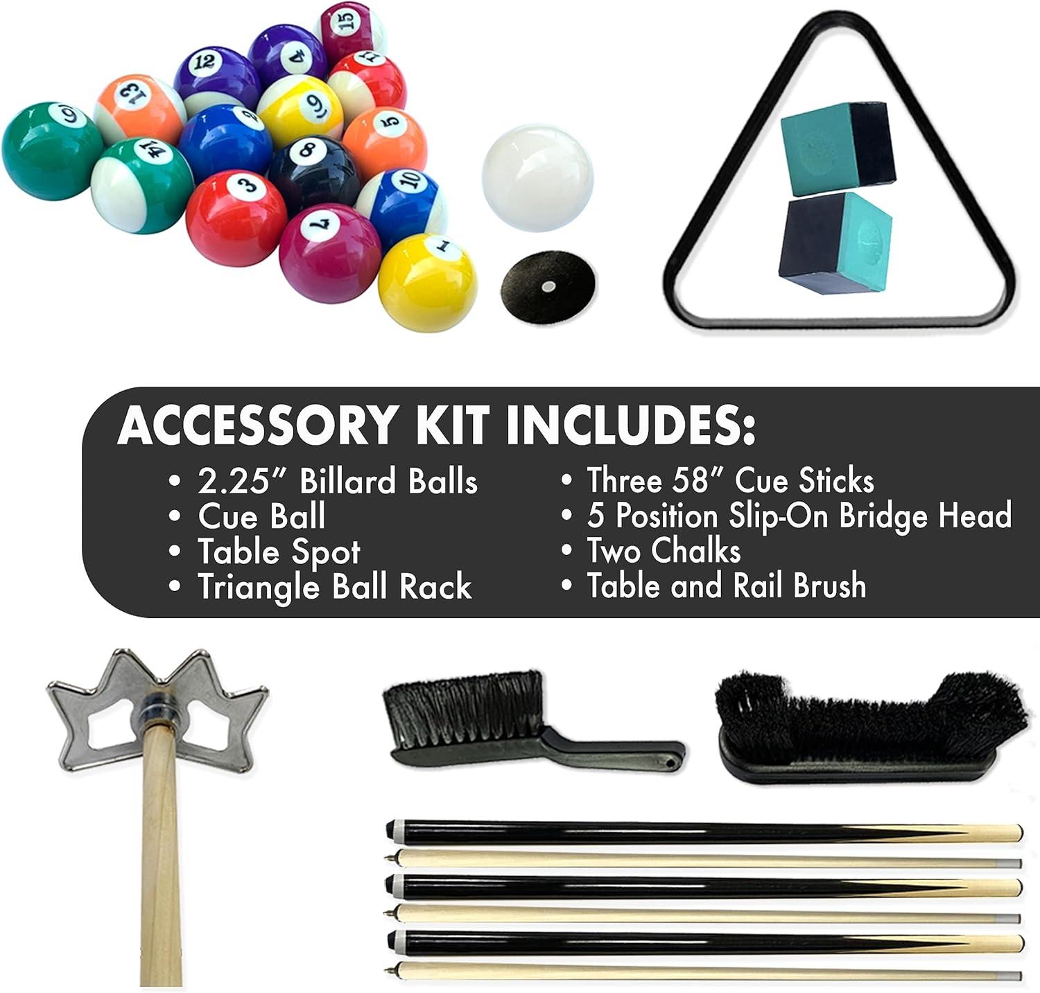 Freetime Fun Pool Table Accessories Including Billiard Pool Balls, Pool Cues, Pool Chalk, 8 Ball Triangle, Pool Table Brush - 26 Piece Billiard Pool Accessories Set - RB9202