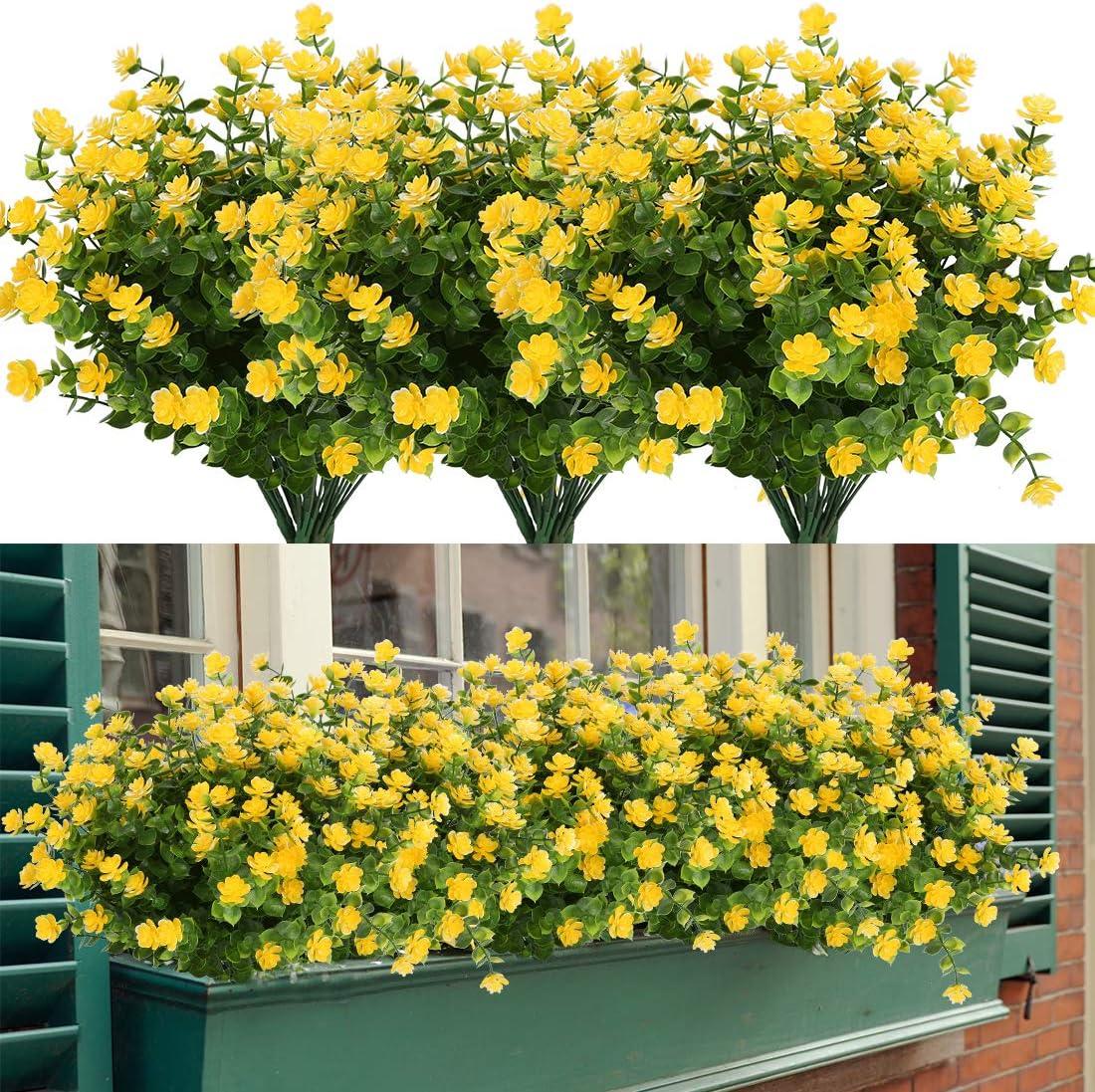 Baumaty 6 Bundles Outdoor Artificial Flowers UV Resistant Boxwood Plants, Greenery for Indoor Outside Hanging Garden Porch Window Box Home Wedding Farmhouse Decor (Yellow)