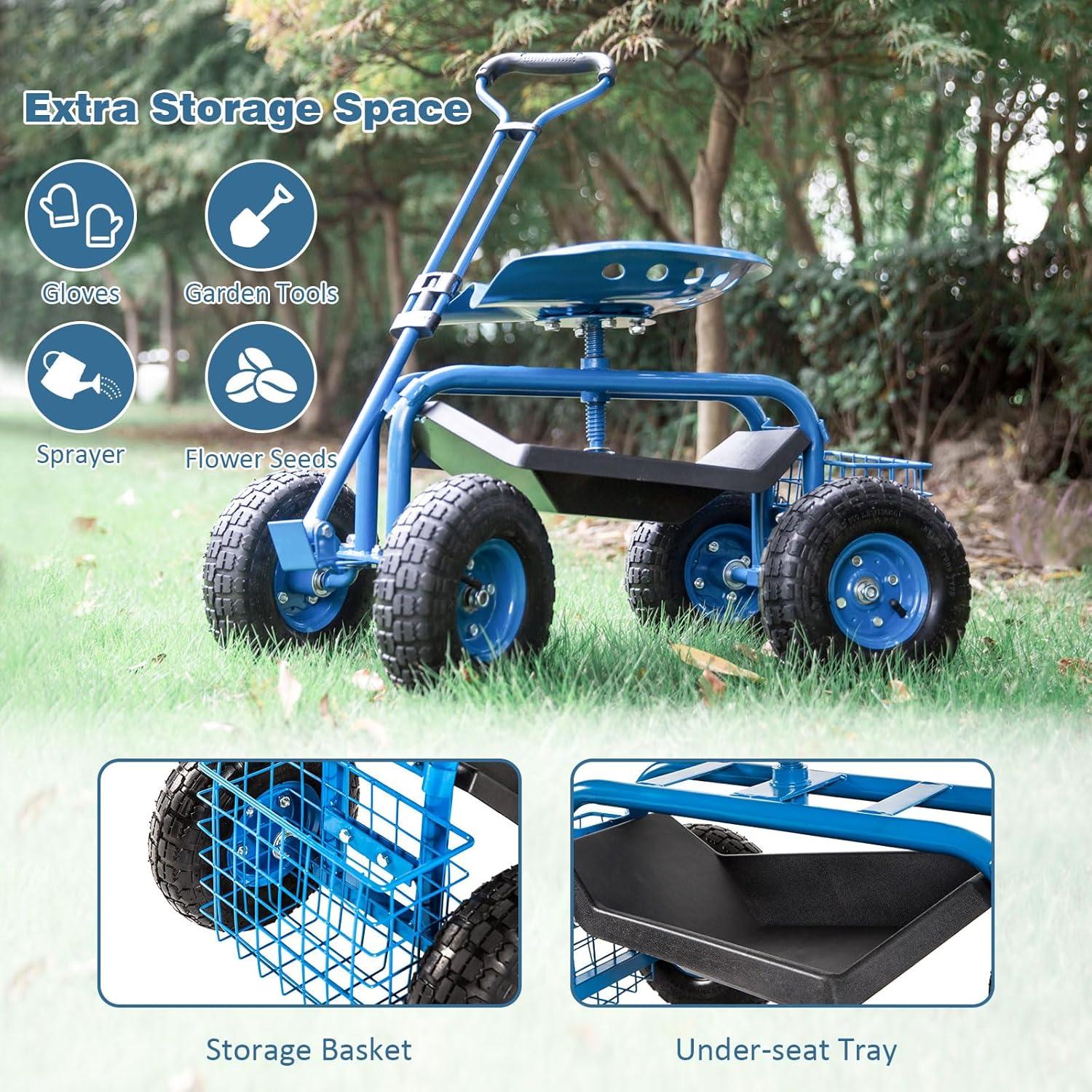 Rolling Garden Cart Scooter Stool - Garden Seat with Wheels Garden Cart with Seat, Adjustable Handle 360 Degree Swivel (Blue)