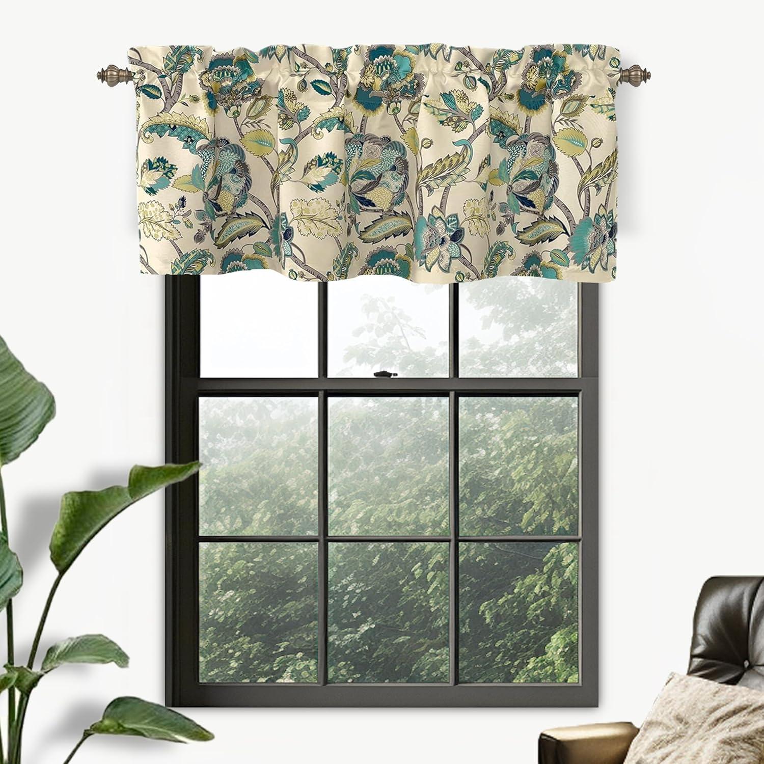 DriftAway  Layla Classic America Style Floral Leaves Room Darkening Window Curtain Valance Rod Pocket Eggshell Teal 52" width x 18 " length 2 pack