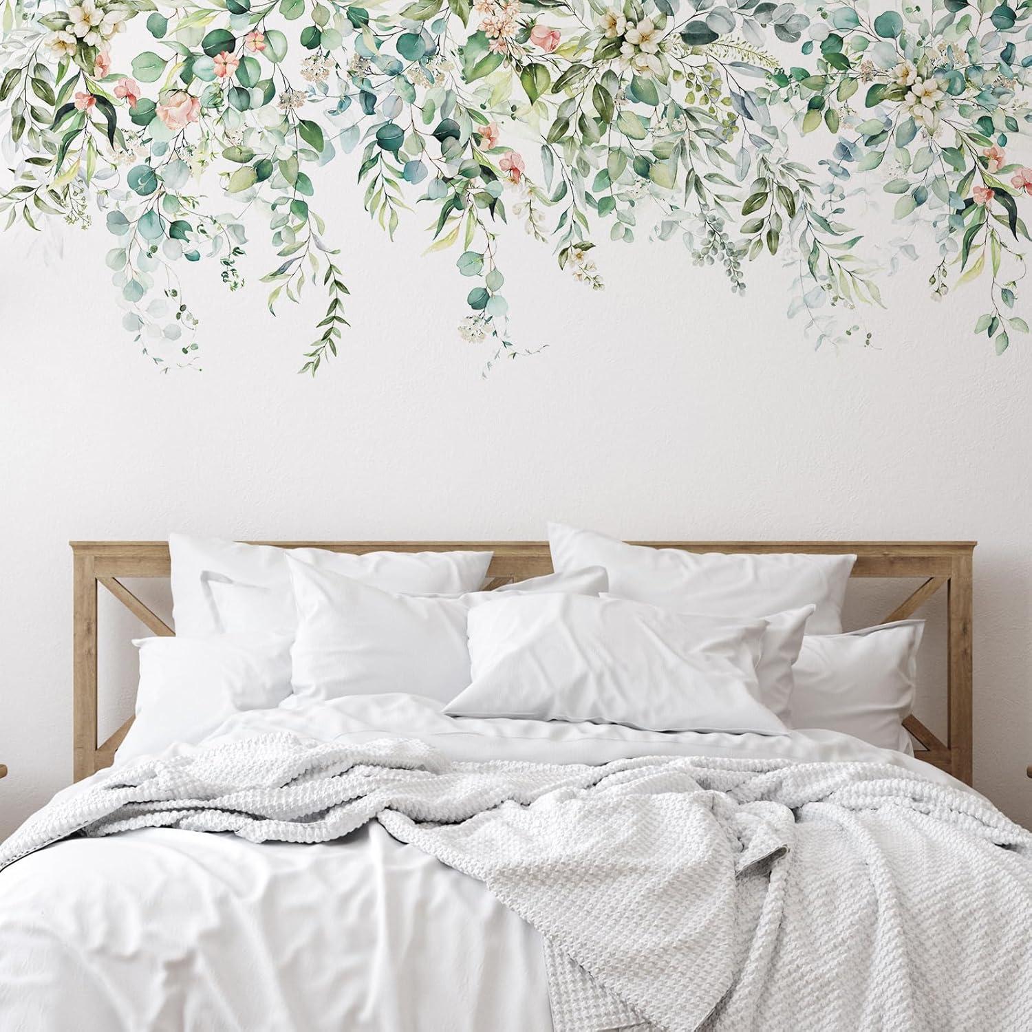 Zonon 6 Pcs Flowers Wall Decals Stickers Vinyl Removable Peel and Stick Colorful Dragonflies Floral Wall Murals Decor for Bedroom Living Room Nursery(Greenery)