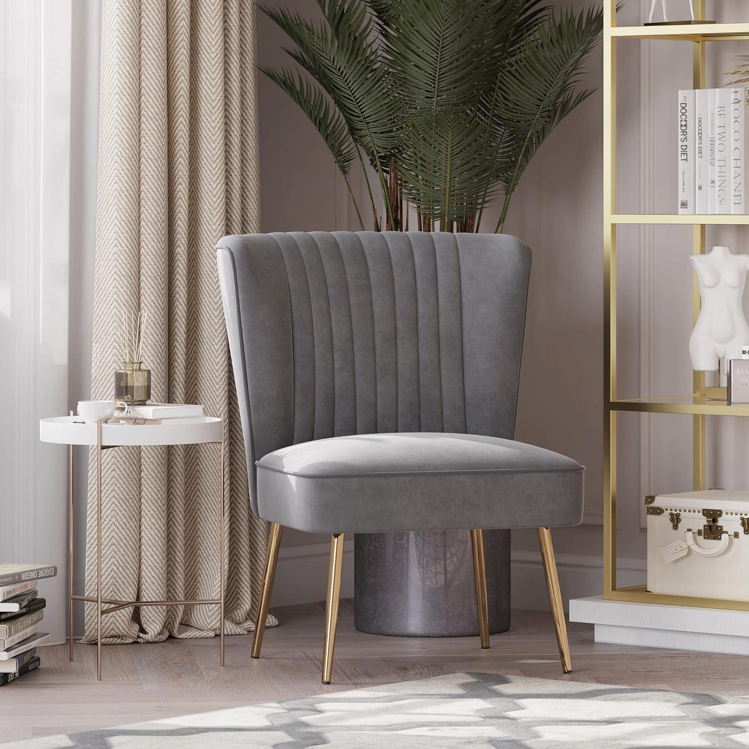 BELLEZE Modern Velvet Accent Chair With Metallic Legs And Channel Tufting, Elegant Vintage Style Armless Seating For Living Room, Bedroom, Office - Ethia (Gray)