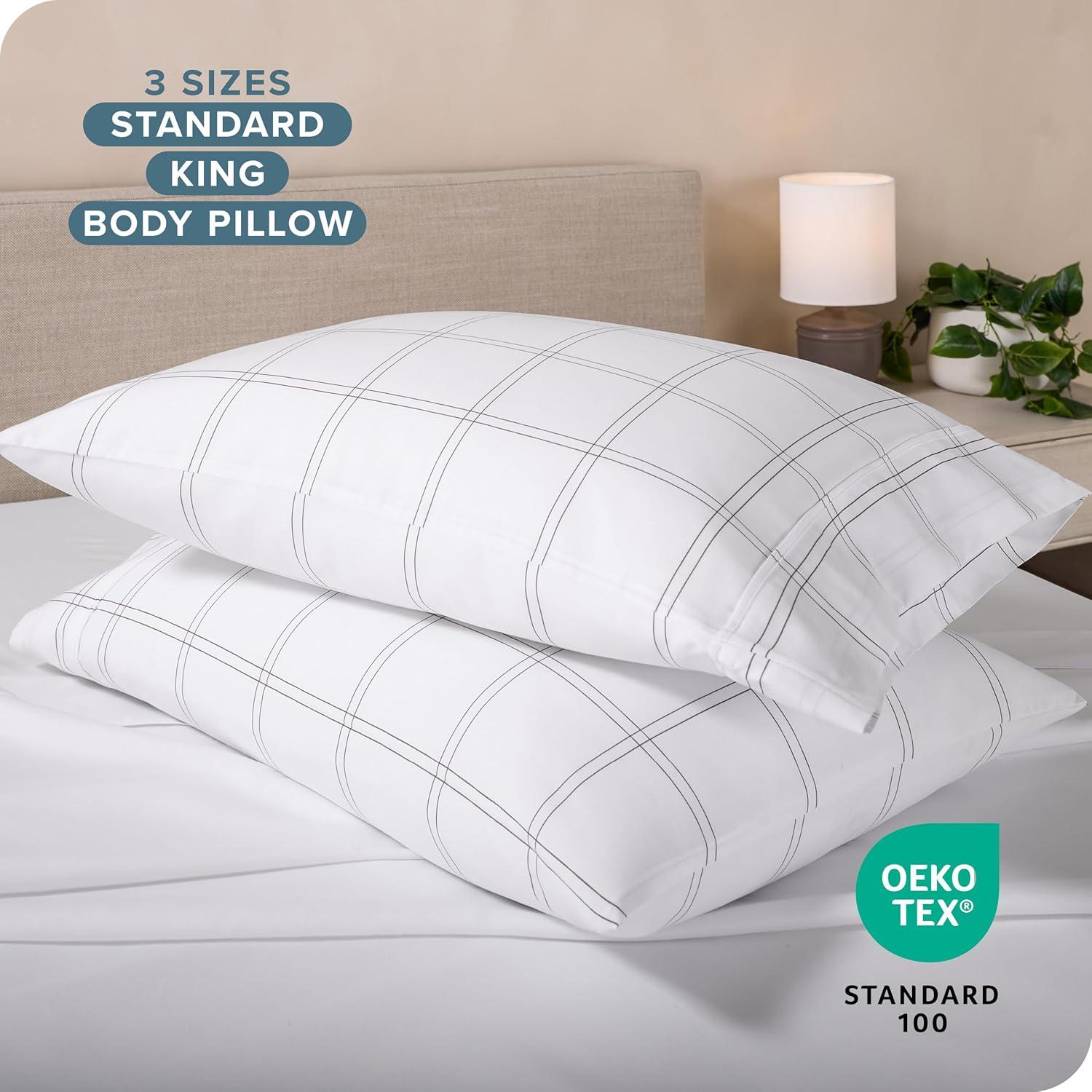 Microfiber King - Open End - 20 x 40 Modern Plaid - White/Grey Pillowcase Set by Bare Home