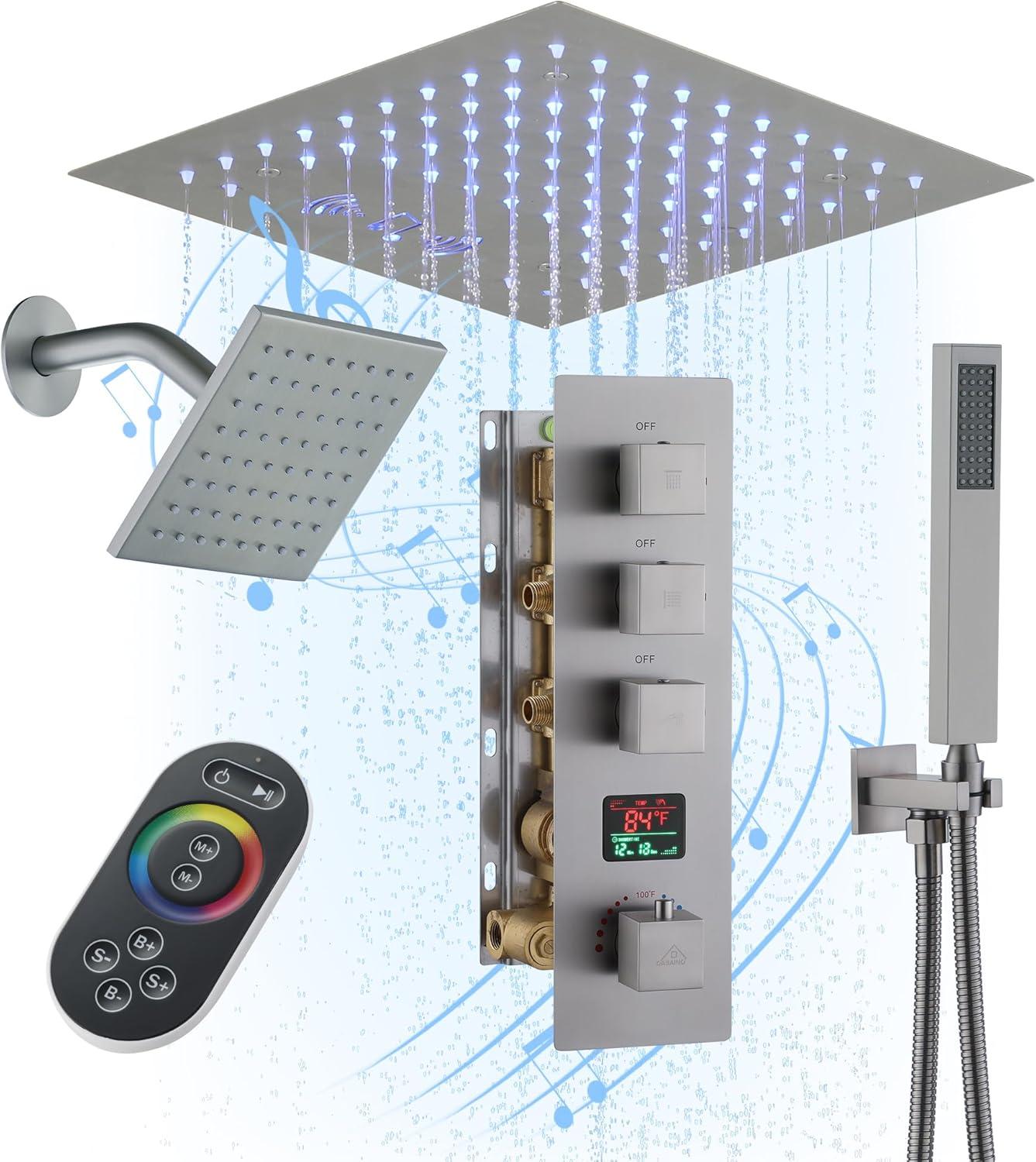 Rainfall Symphony 12" Flush Mount Rainfall Temperature Display Thermostatic Shower System with 64 Color LED and Music