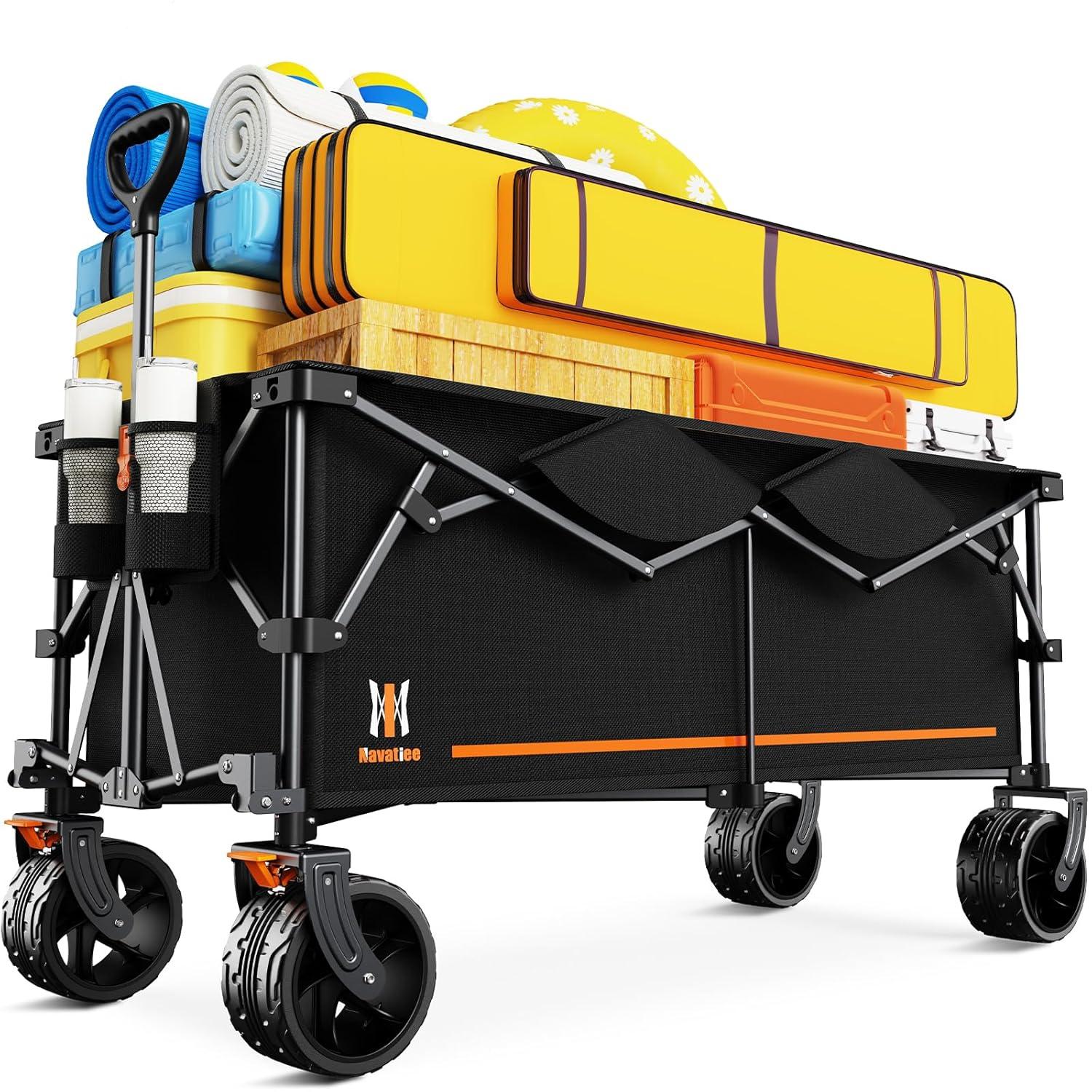 140L Collapsible Wagon Cart Foldable, Folding Utility Grocery Cart with Side Pocket and Brakes for Shopping, Sports, Camping and Garden, Black
