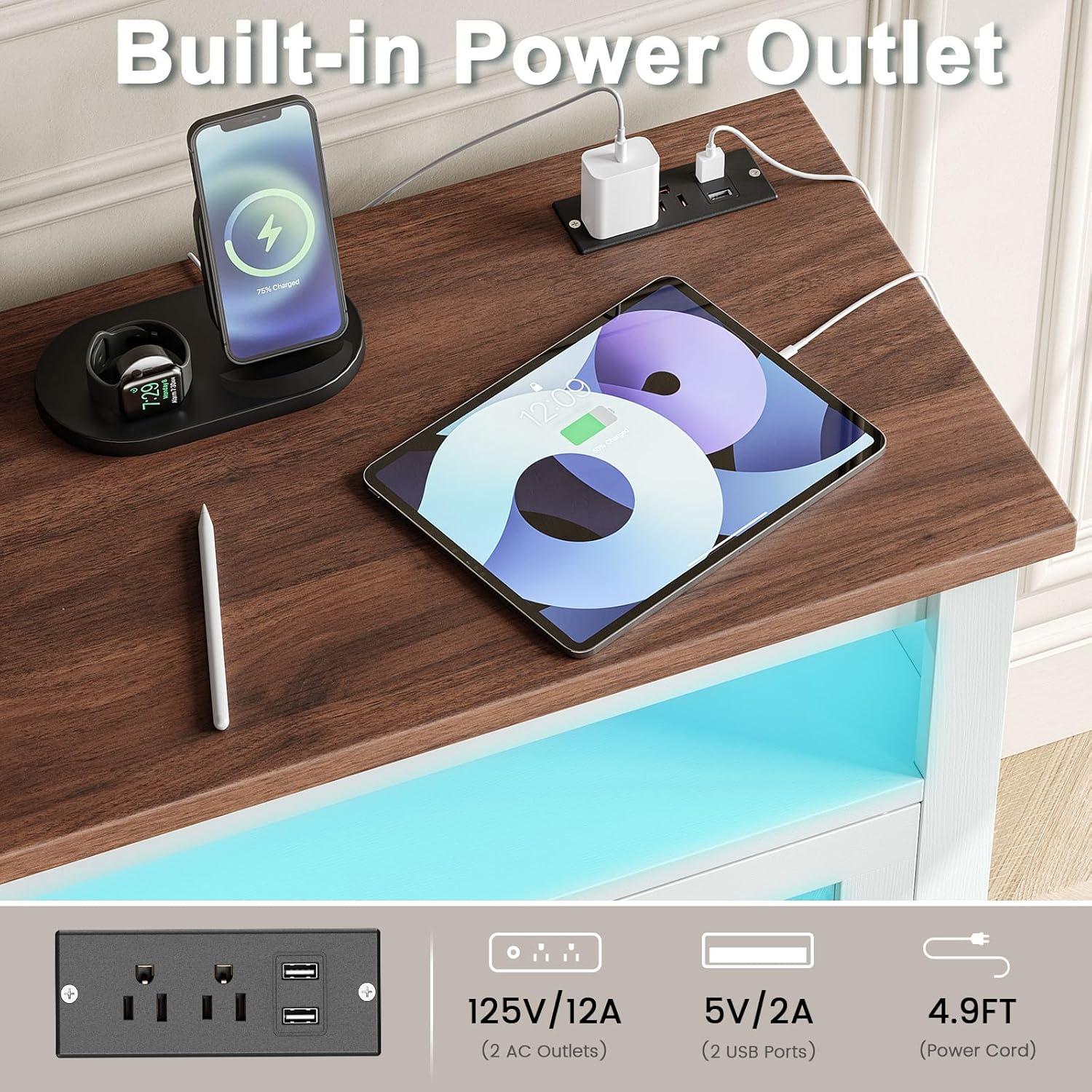 TV Stand for 65 Inch TVs,Farmhouse Entertainment Center with LED Lights and Charging Station,TV Cabinet/Console Table with Adjustable Shelves and Glass Doors for Living Room White+Walnut