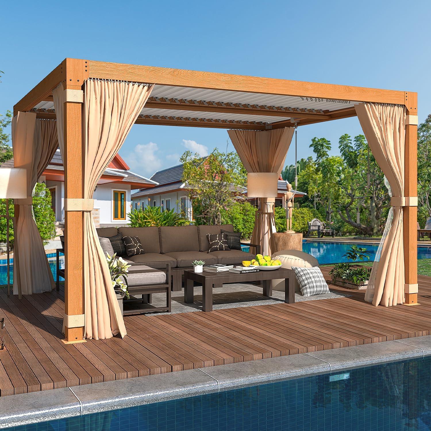 Erommy 10' x 12' Wood Grain Aluminum Pergola with Adjustable Roof