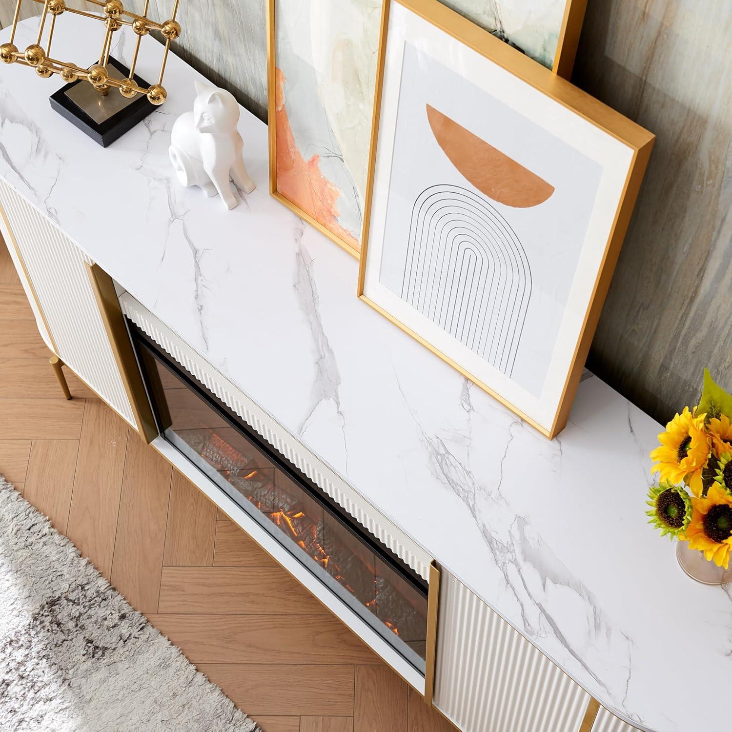 SinCiDo Luxury 70" Fluted TV Stand, Modern TV Console for TVs Up to 80 inches, Faux Marble Top & Curved Design, Off White