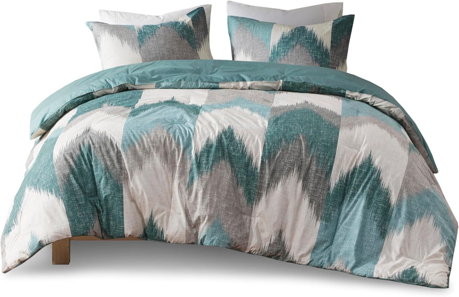 King Aqua Cotton Reversible Ikat Chevron Comforter Set