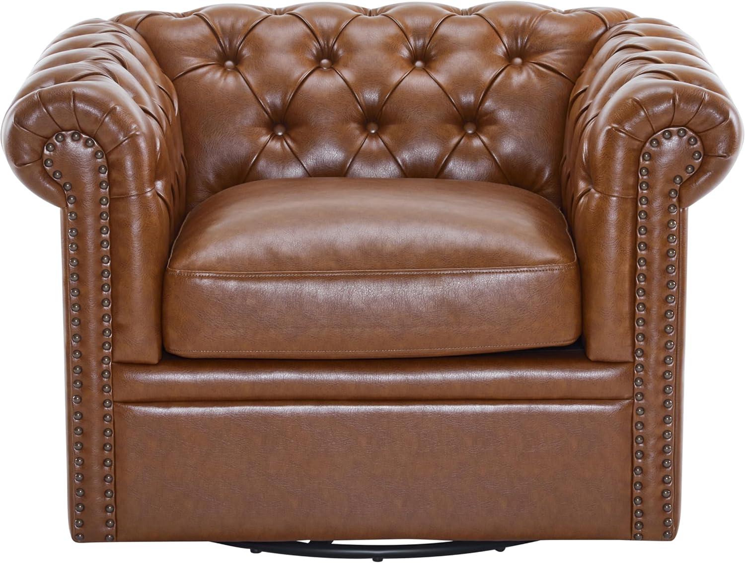 Christopher Knight Home Swivel Scrolled Armchair, Nailhead Accent Chair, Comfortable Single Sofa Chair with Tufted Button Backrest Design, Cognac