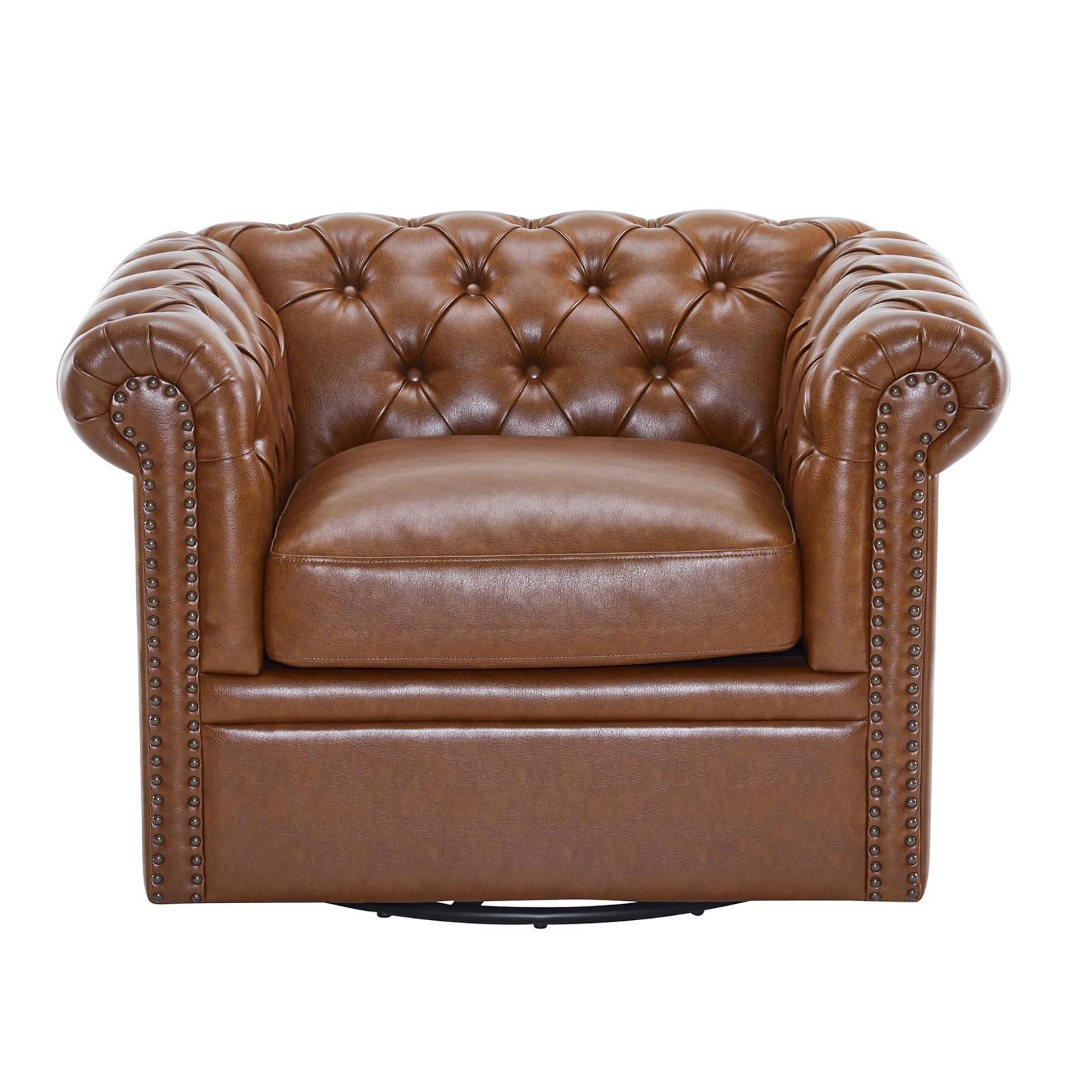 Christopher Knight Home Swivel Scrolled Armchair, Nailhead Accent Chair, Comfortable Single Sofa Chair with Tufted Button Backrest Design, Cognac