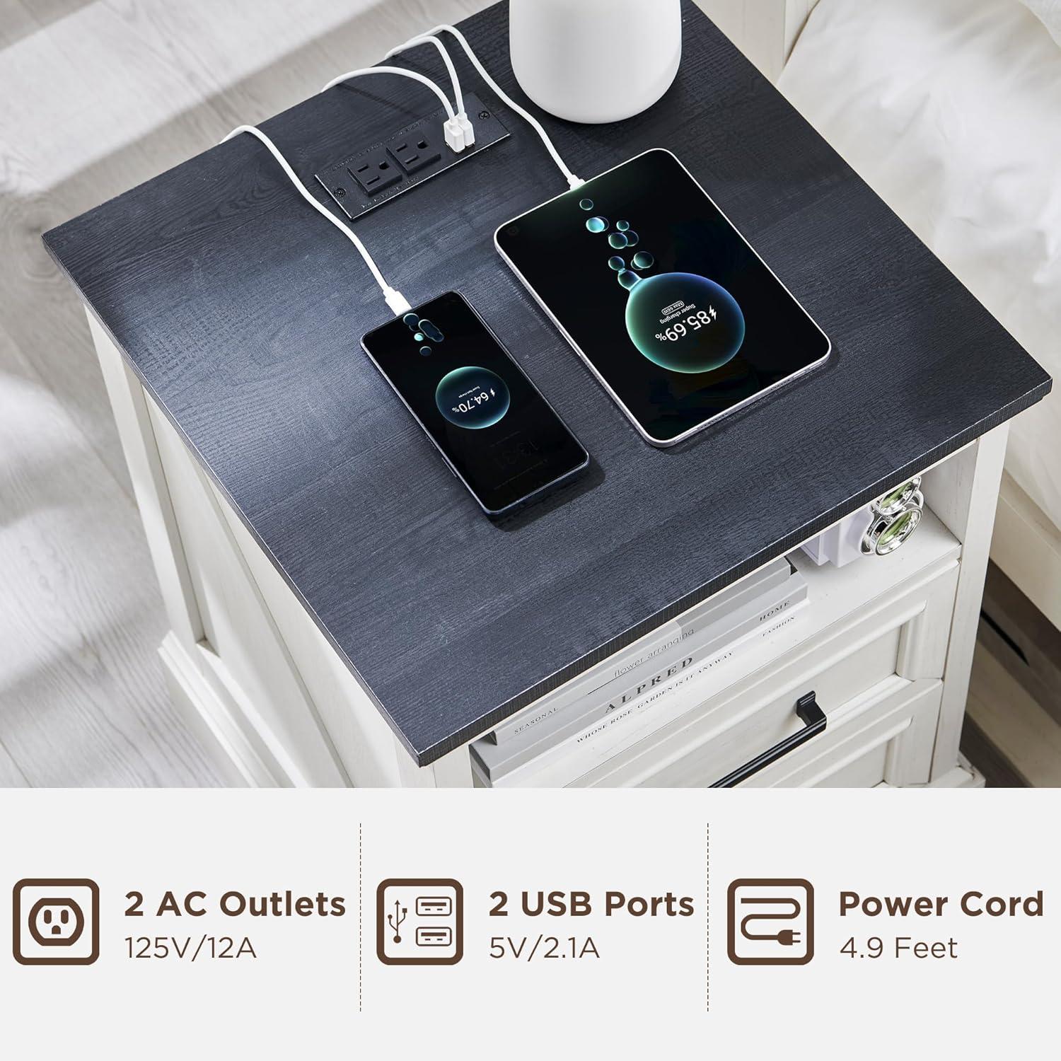 18" Farmhouse Nightstand with Charging Station, End Table with 2 Drawers Storage for Bedroom, Living Room, White