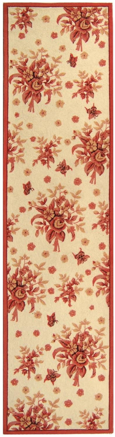 Ivory and Rose Floral Wool Runner Rug, 2'6" x 12'