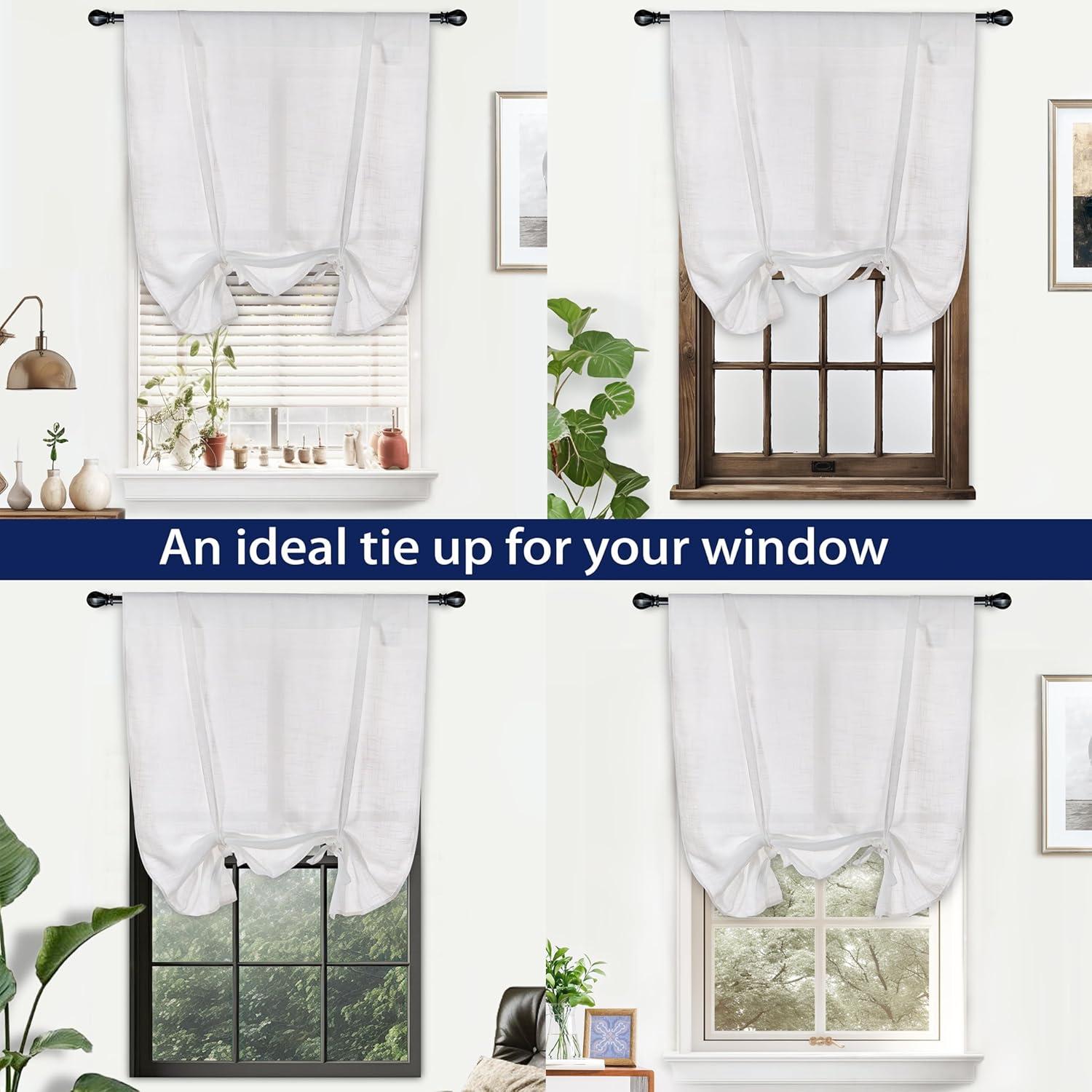 DriftAway Solid Color Faux Linen Slub Sheer Voile Tie Up Decorative Adjustable Balloon Rod Pocket Window Curtains for Small Window 25" x 47" White