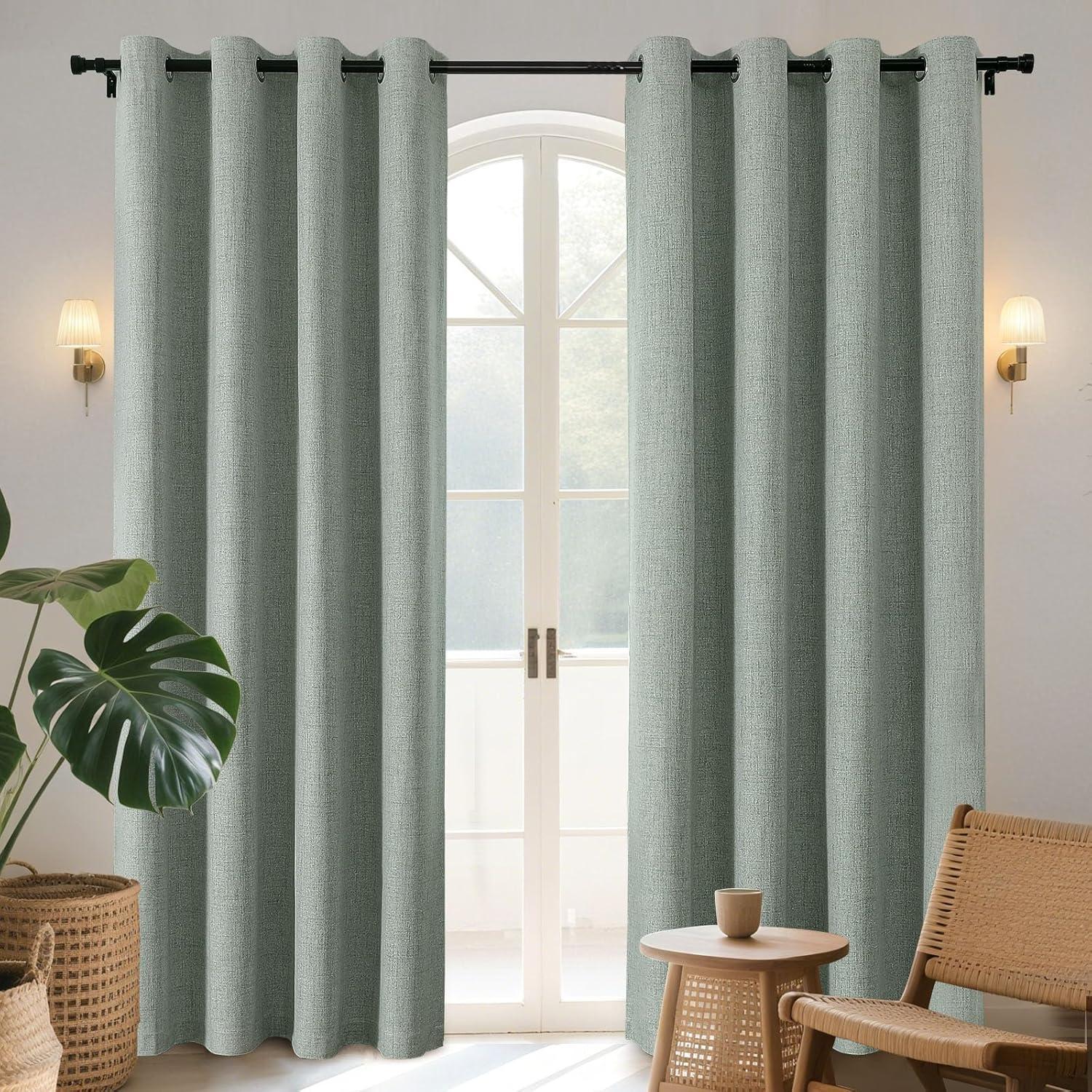 COSVIYA 100% Blackout Sage Green Linen Curtains & Drapes 84 Inch Length 2 Panels Set, Full Room Darkening Grommet Insulated Thermal Window Panels for Bedroom/Living Room,52x84 inches