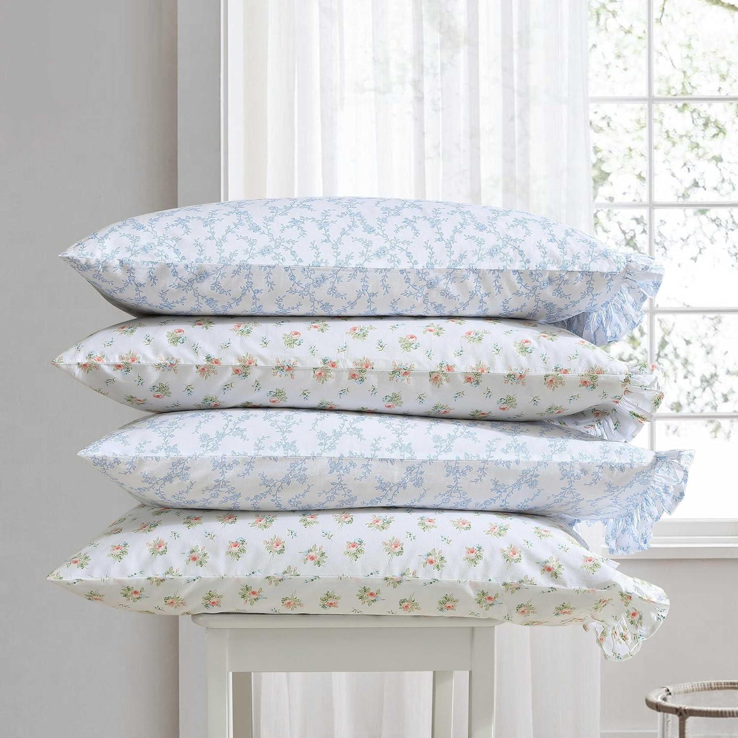 Victoria Blue Floral Cotton King Pillowcase Set with Ruffles