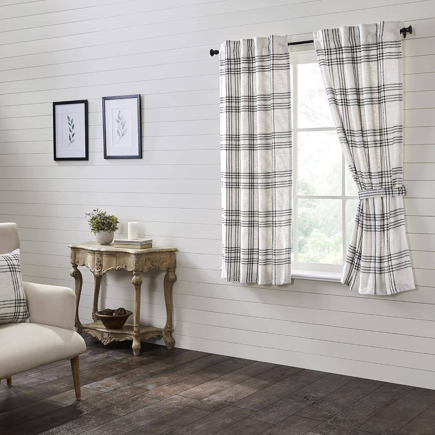 Black and White Plaid Cotton Light-Filtering Curtain Panels, 63x36, Set of 2