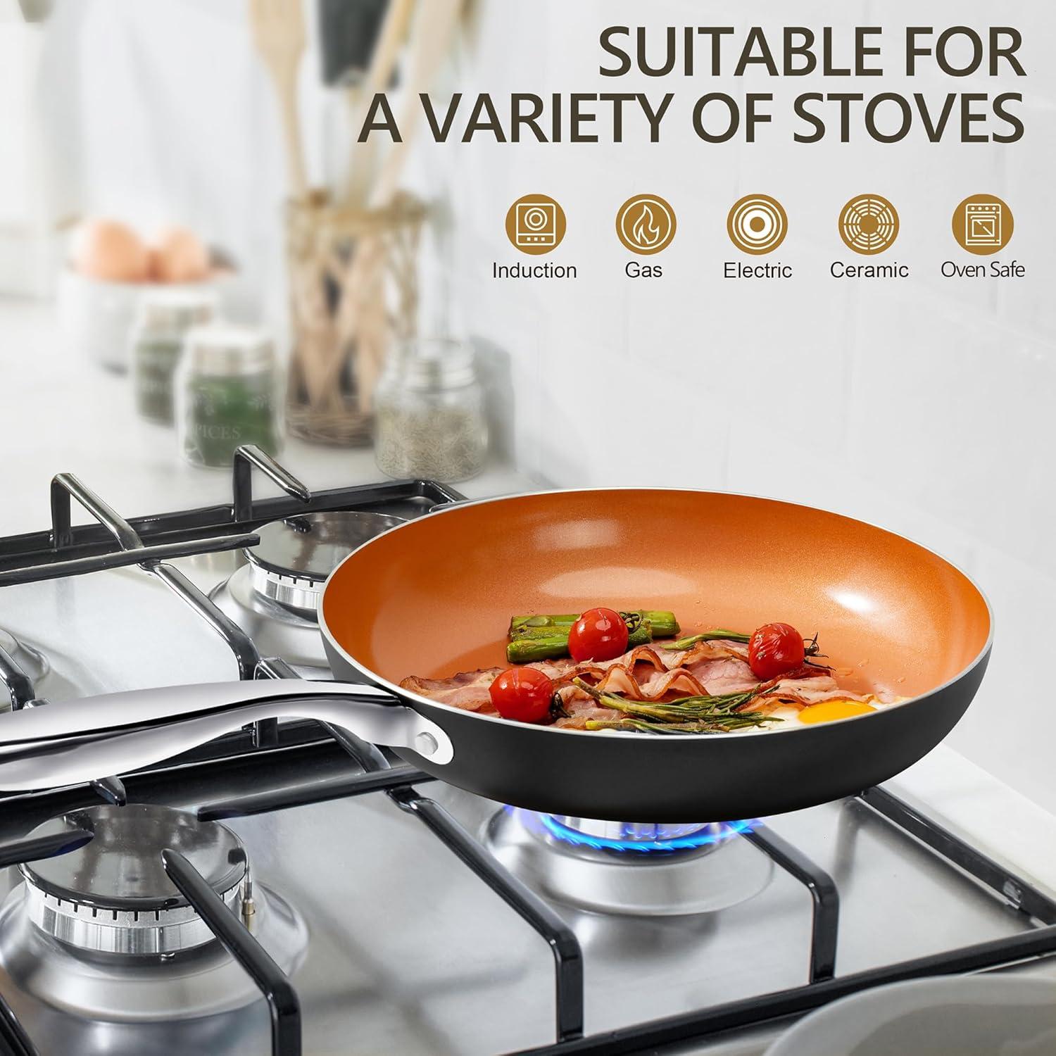 MICHELANGELO 10 Inch Copper Nonstick Frying Pan with Lid, Scratch Resistant Ceramic Coating, Oven and Dishwasher Safe