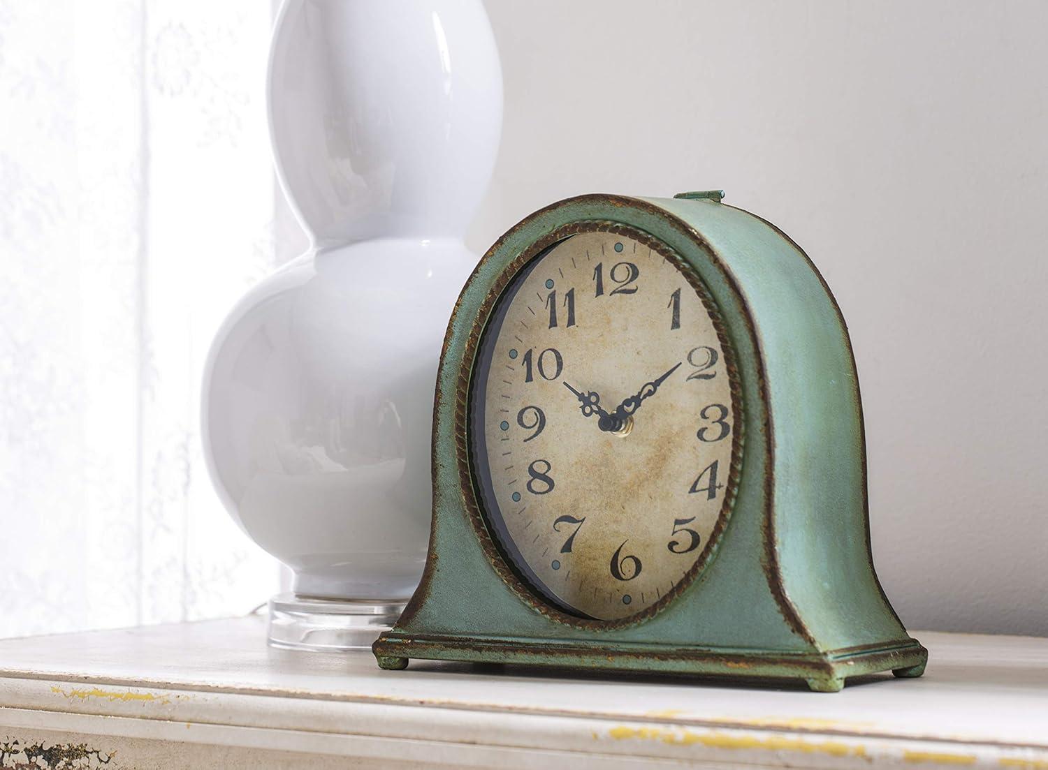 Distressed Aqua Metal Mantel Clock with Wooden Base