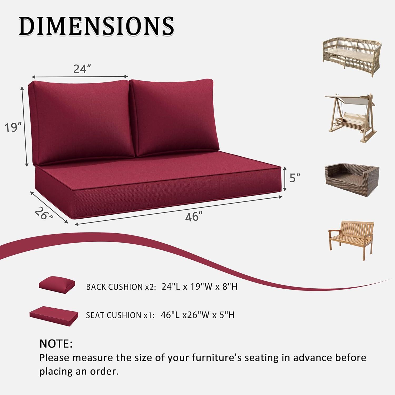 Outdoor Loveseat Cushion Set 46 X 26 Inch Water Repellent & Fadeness Patio Furniture Cushions,Removable Outdoor Couch Cushions with Hidden Zipper & Adjustment Staps for Couch, Bench, and Swing