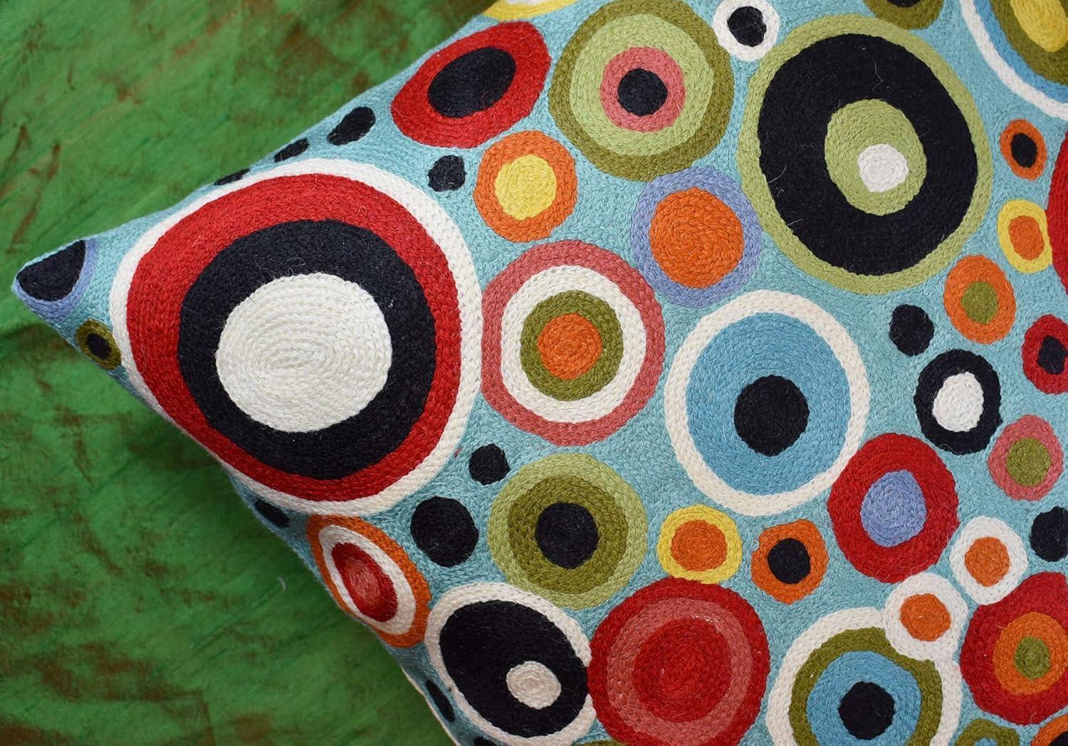 Turquoise Multicolor Hand Embroidered Cotton Wool Pillow Cover 18x18