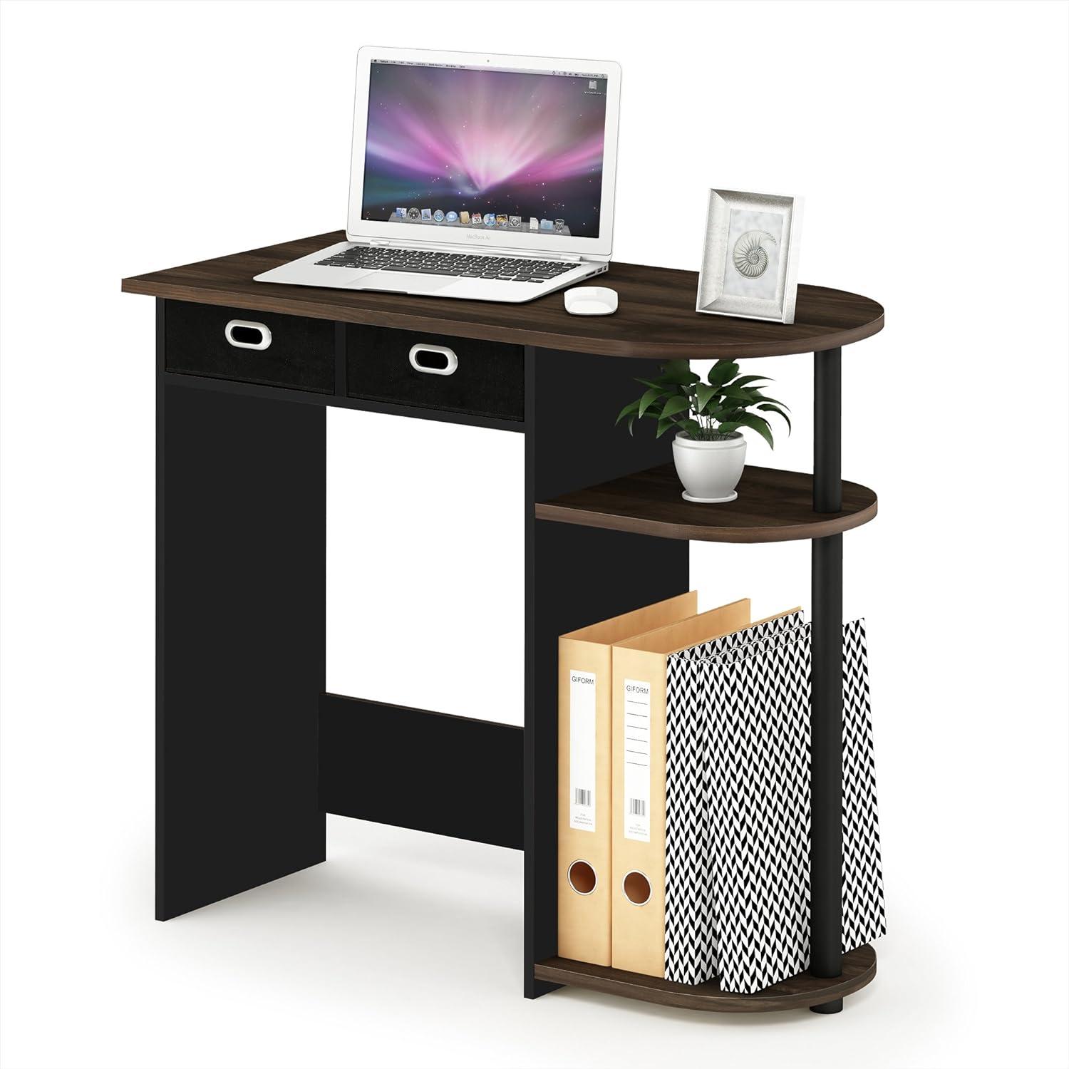 Compact Columbia Walnut and Black Wood Computer Desk with Dual Drawers