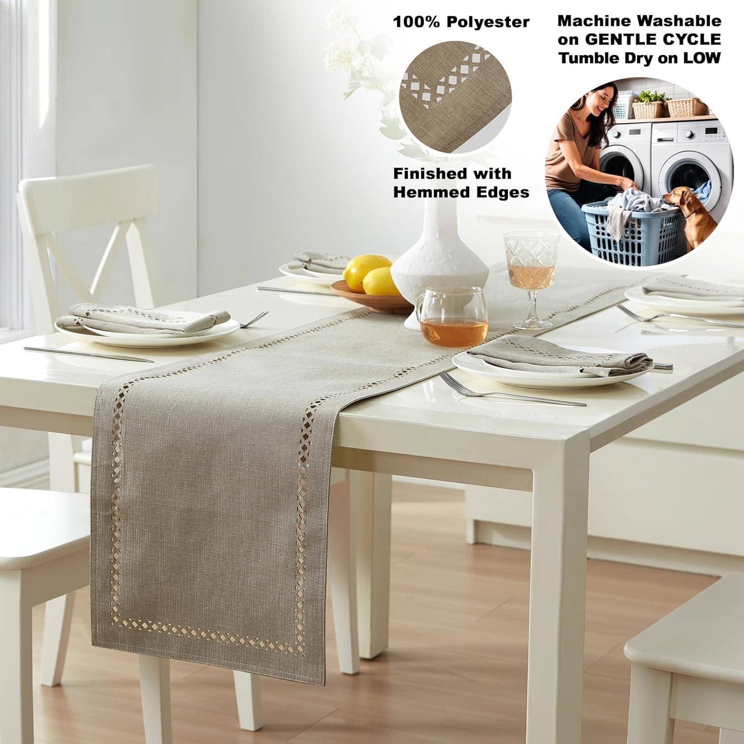 Newbridge Provence Lattice Cutwork Solid Color Textured Fabric Table Runner, 70 Inch Long, Taupe