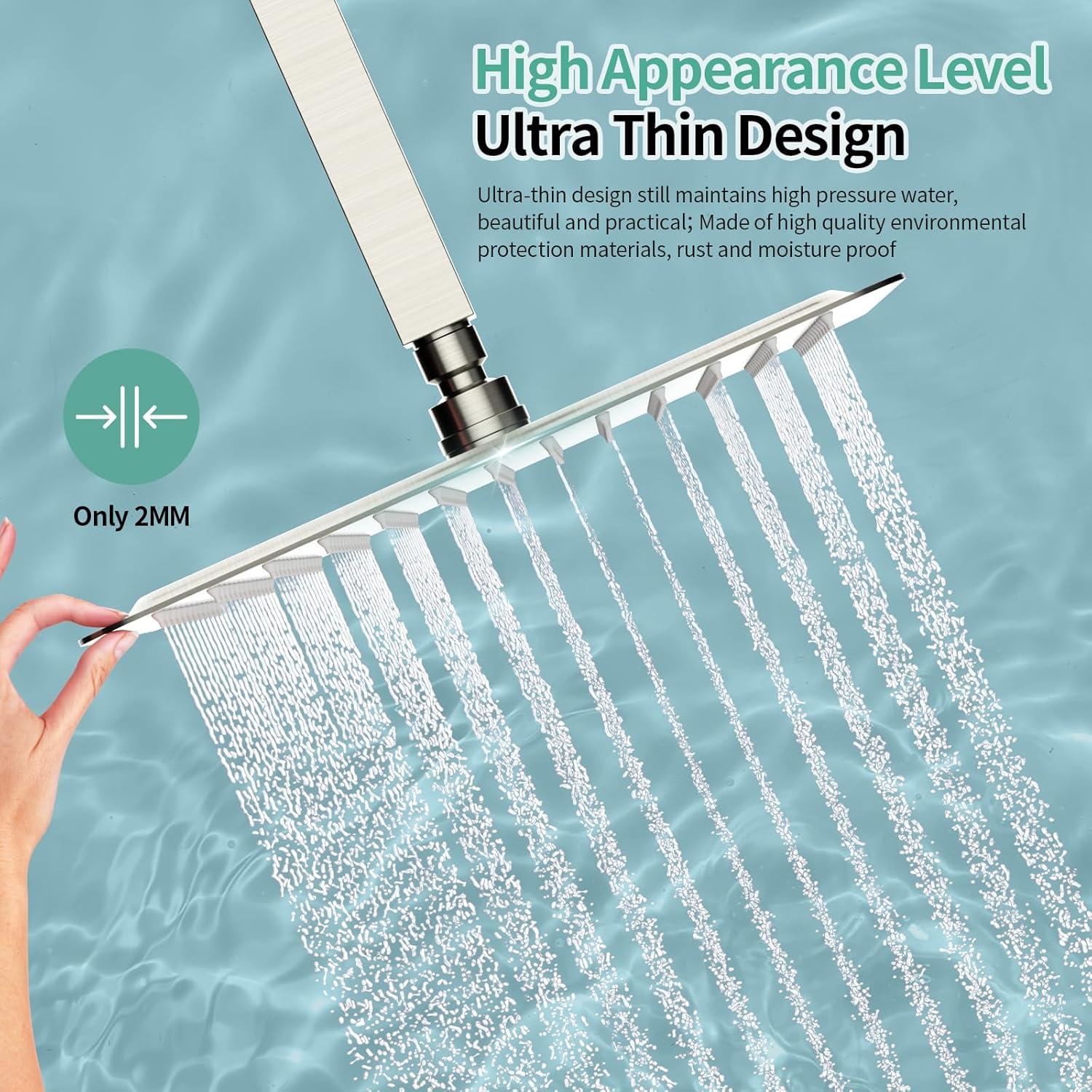 SR SUN RISE 12 Inch Rain Shower Head, High Pressure Rainfall Showerhead Large Waterfall Shower Head Ultra Thin Water Saving, Brushed Nickel 304 Stainless Steel
