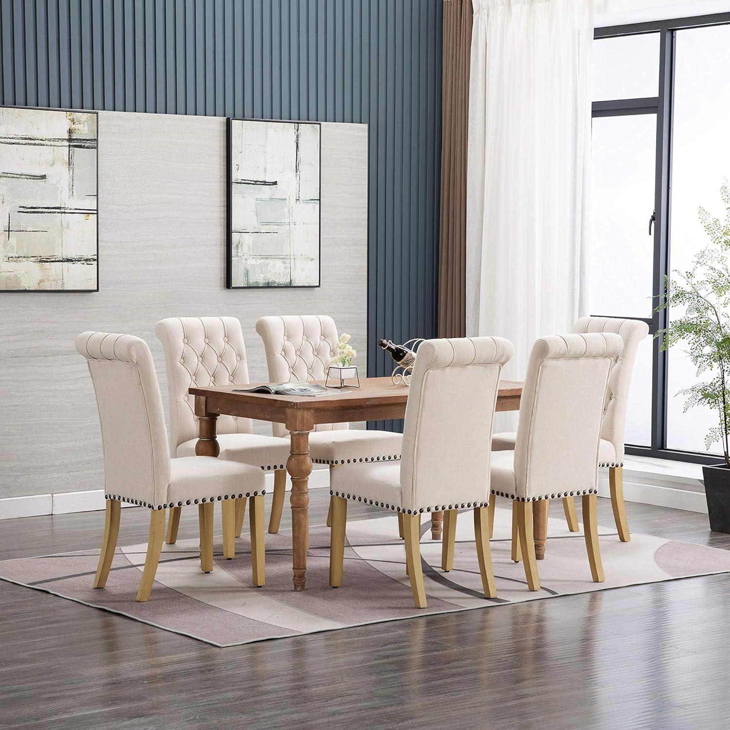 ODUSE-DAILY Velvet Dining Chairs Set of 6, Kitchen & Dining Room Chairs, Nailheads Tufted Chair, Sillas De Comedor, Two-Tone Fabric Upholstered, Wood Legs (Beige & Patterned, 6 Pcs)