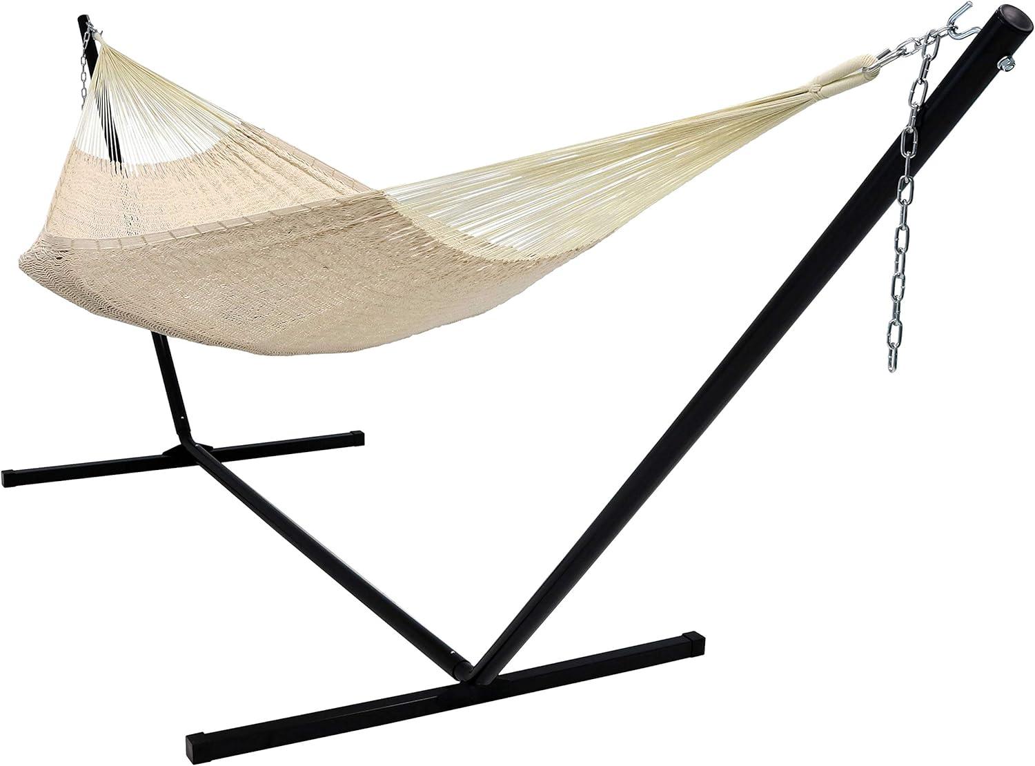 Sunnydaze Hand-Woven XXL Thick Cord Family Size Portable Mayan Hammock with Steel Stand -  400 lb Weight Capacity/15' Stand - Natural