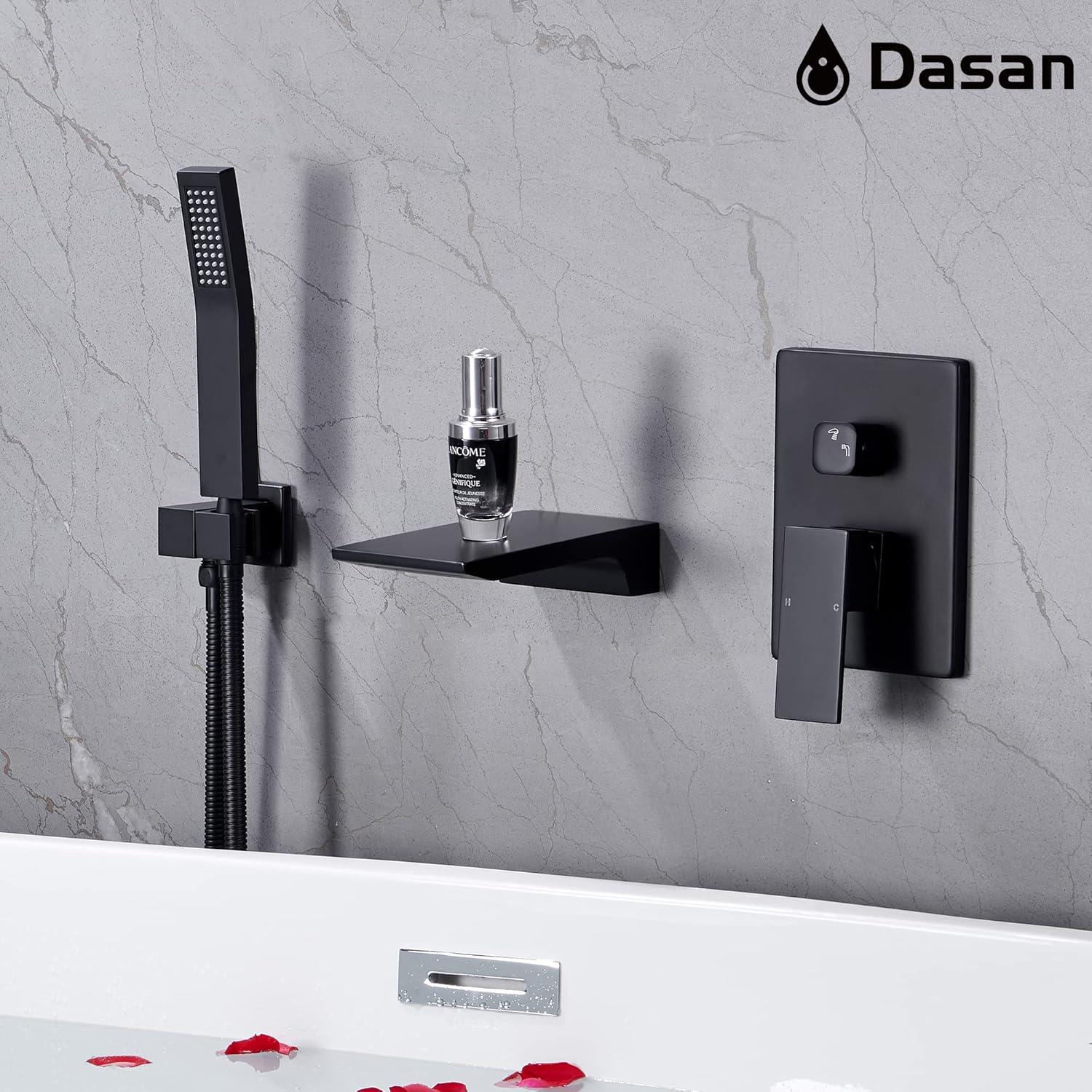 Airuida Wall Mount Tub Faucet with Waterfall Tub Spout Wall Mounted Bathtub Faucet with Handheld Shower Single Handle Tub Filler Shower Faucet Set with Rough-in valve Straight Spout Matte Black