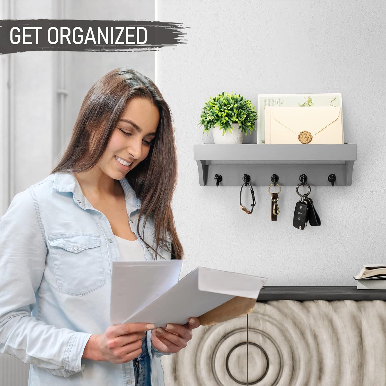 Gray Painted Wood Wall Mounted Key Holder with Shelf