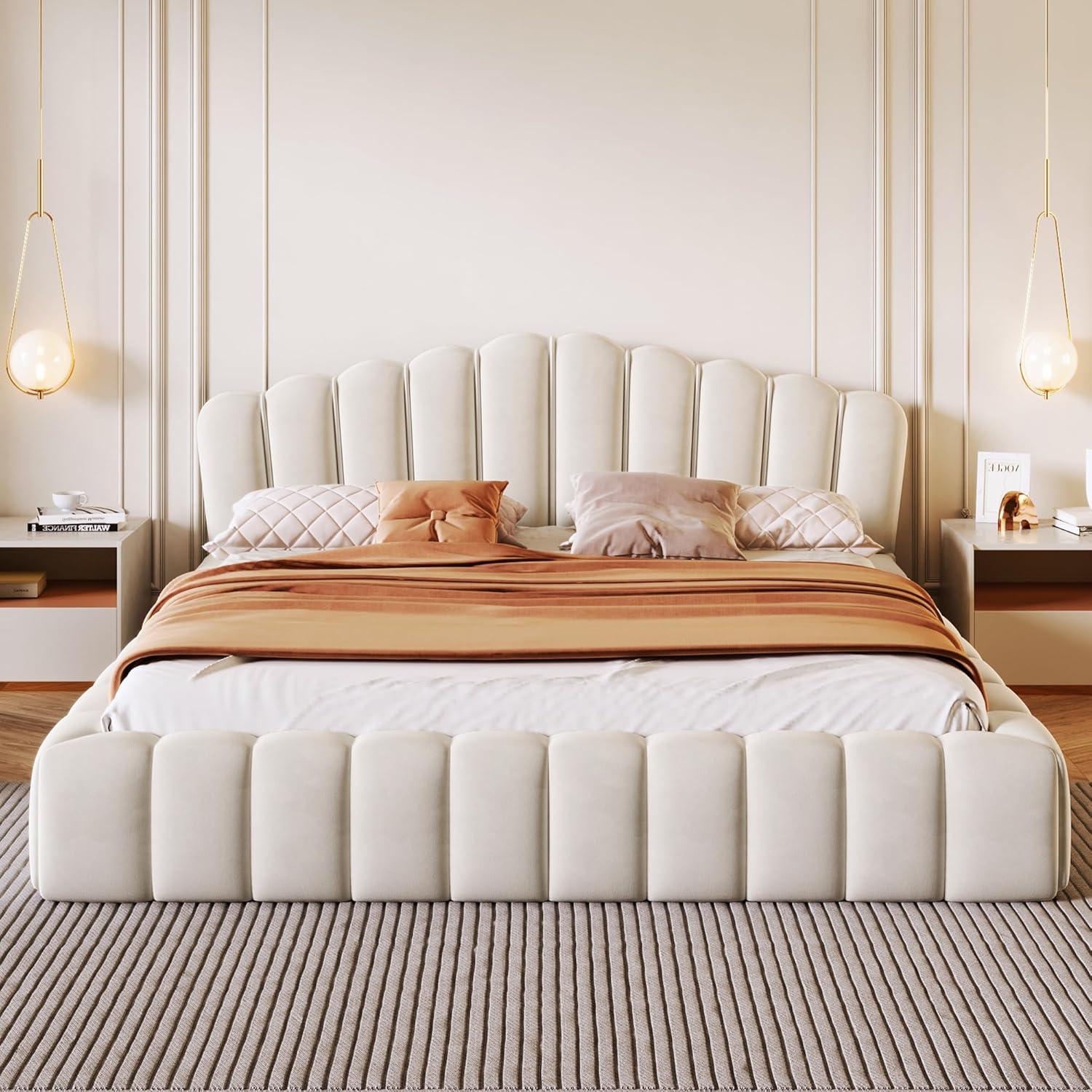 Beige Velvet Queen Platform Bed with Shell Headboard and Storage