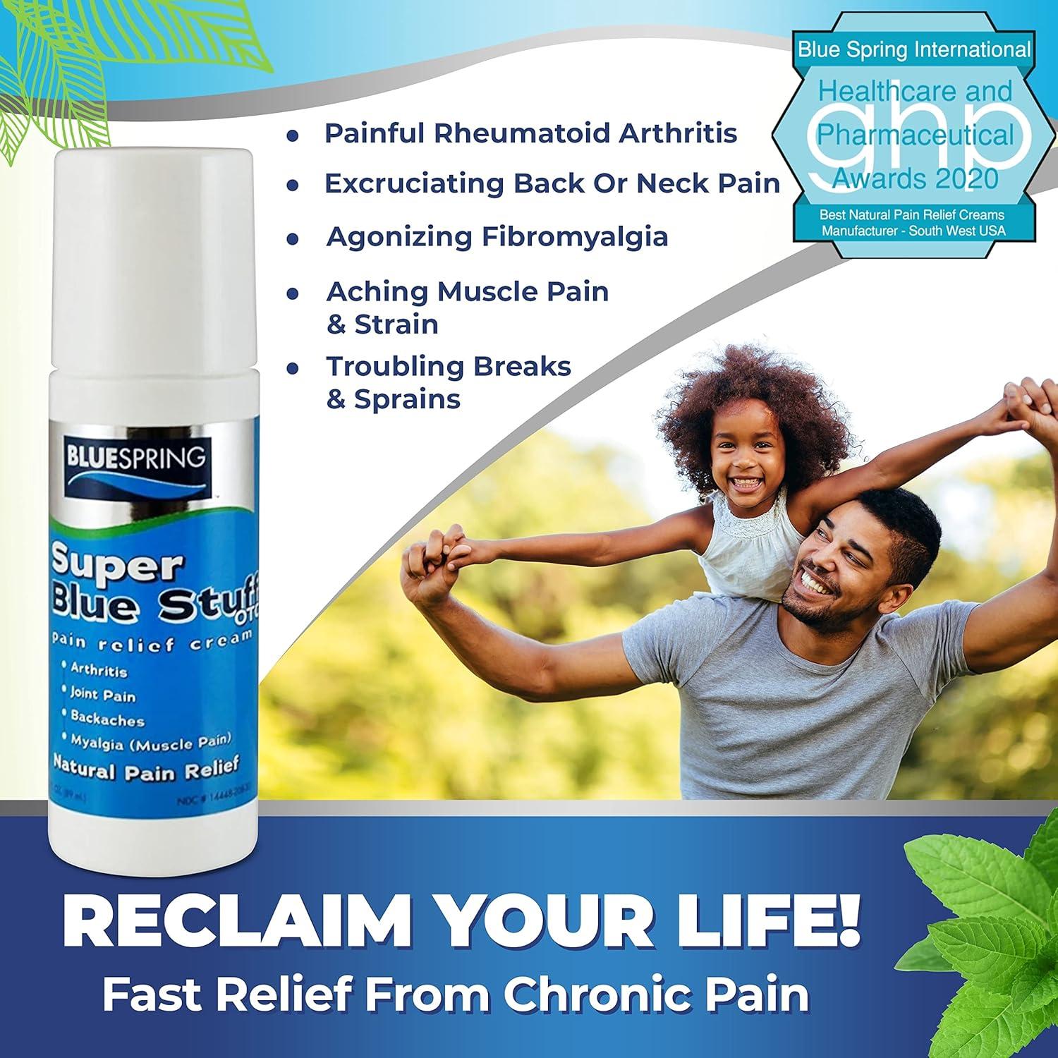 BlueSpring Super Blue Stuff Natural Pain Relief Cream - OTC Fast Action Relief 3-oz roll-on