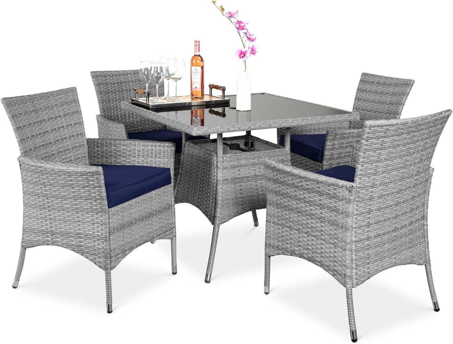 Best Choice Products 5-Piece Indoor Outdoor Wicker Patio Dining Table Furniture Set w/ Umbrella Cutout, 4 Chairs - Navy