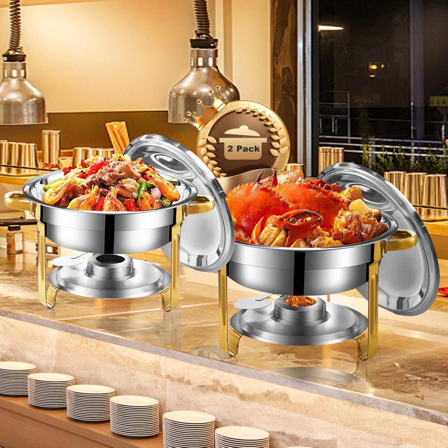 WhizMax Chafing Dish Buffet Set 2 Pack 5QT, Stainless Steel Round Chafing Dishes for Buffet with Lid Holder & Glass Lid, Gold