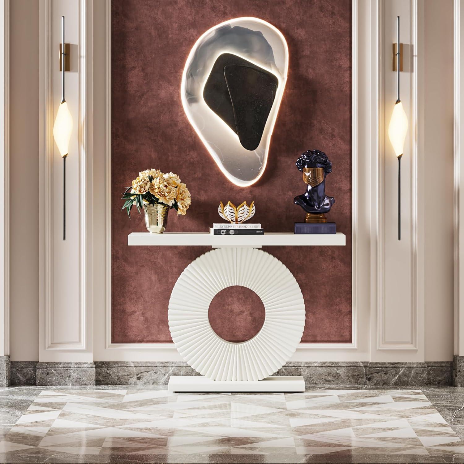 Resenkos Entryway Table, Console Sofa Table,Modern Console Table 40" Wood Sofa Table with Geometric Base,White