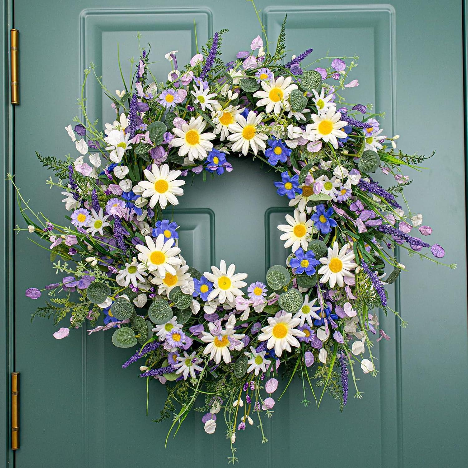 22 Inches Spring Wreaths for Front Door Blue Spring Door Wreath Summer Floral Wreath with Wildflower Lanvender for Wall Porch Indoors Outdoor Window Home Decorations