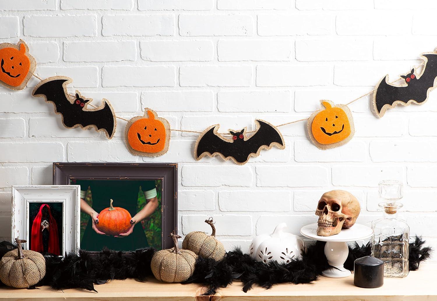 DII 4" Modern Fabric Halloween Bat Pumpkin Garland in Black/Orange