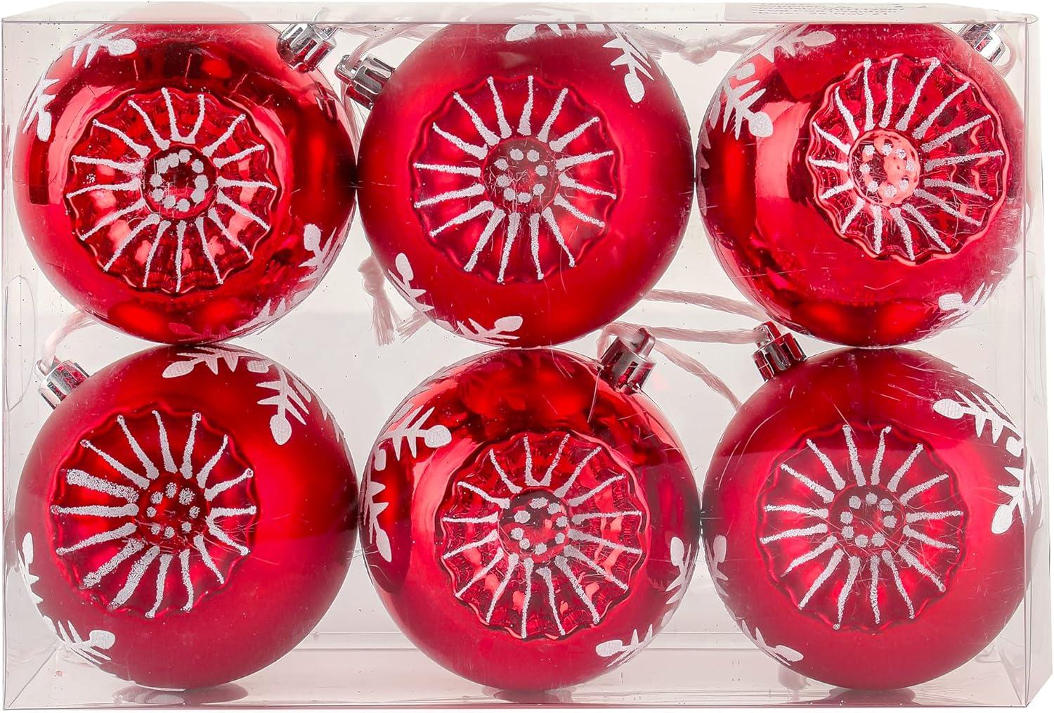 National Tree Company First Traditions Christmas Tree Ornaments, Red with White Snowflake Motifs, Set of 6