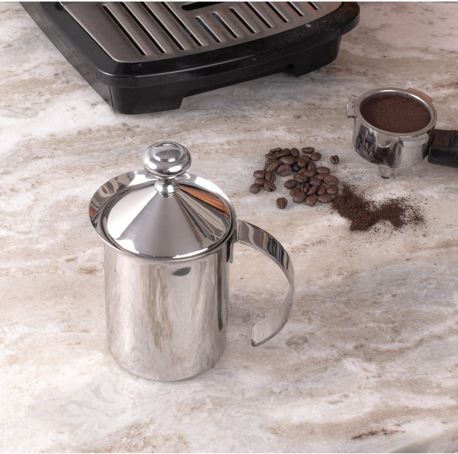 Fino Milk Creamer Frother Cappuccino Foam Pitcher with Handle and Lid, 18/8 Stainless Steel, 14-Ounce Capacity